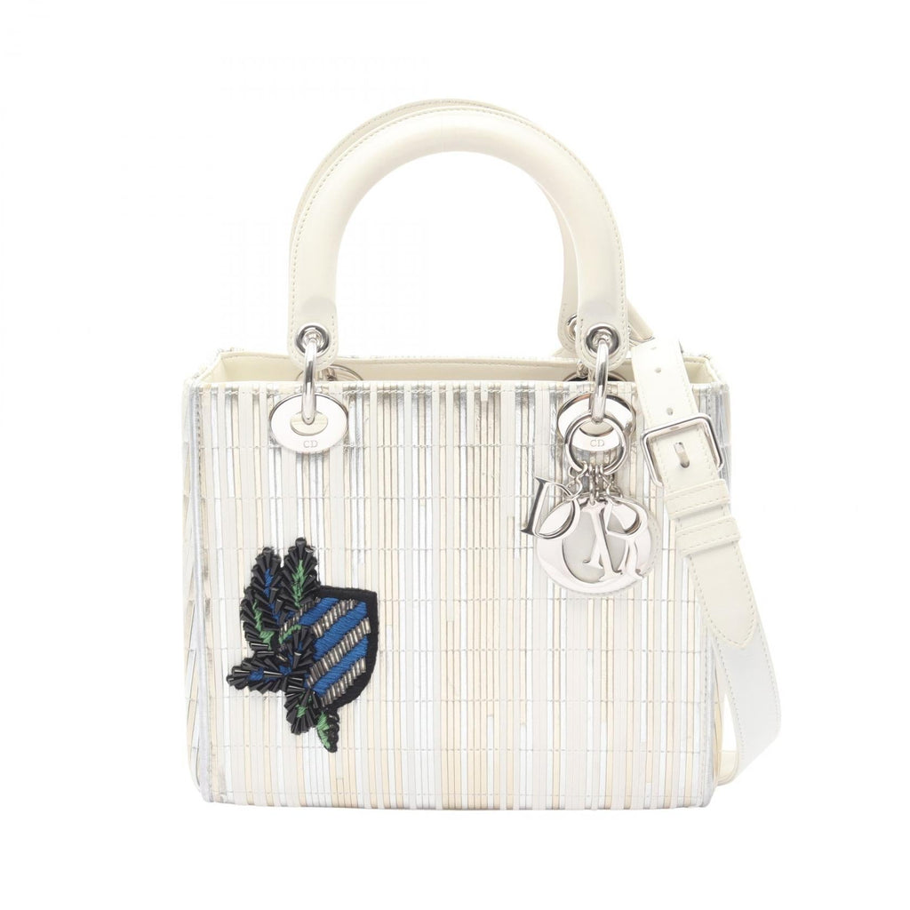 DIOR Dior Lady Dior Shoulder Handbag Leather Silver White Multicolor Used Women Shw image 1