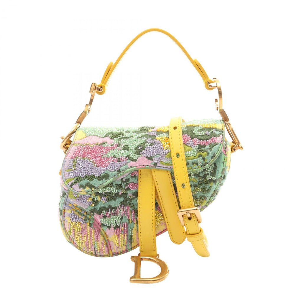 DIOR Dior Micro Saddle Hand Shoulder Bag Leather Fabric Yellow Green Used Women image 1
