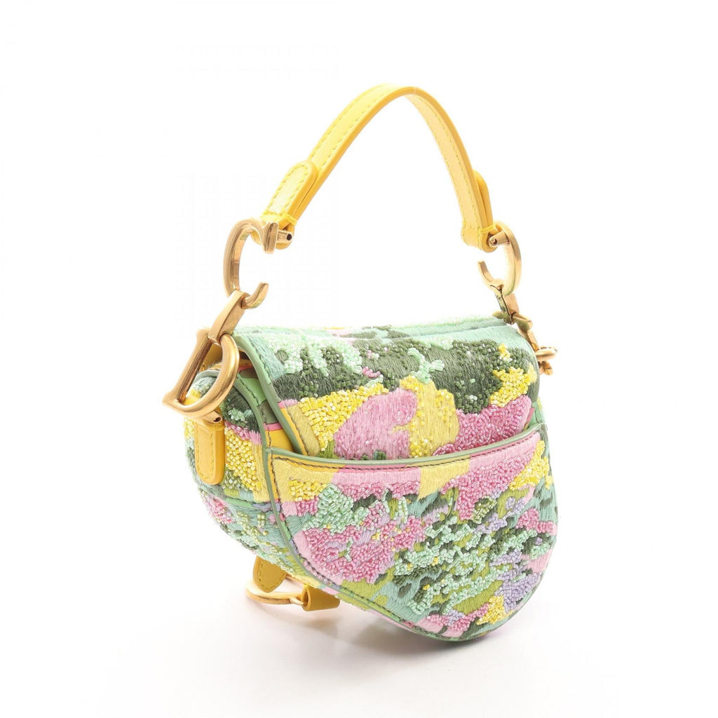 DIOR Dior Micro Saddle Hand Shoulder Bag Leather Fabric Yellow Green Used Women image 2