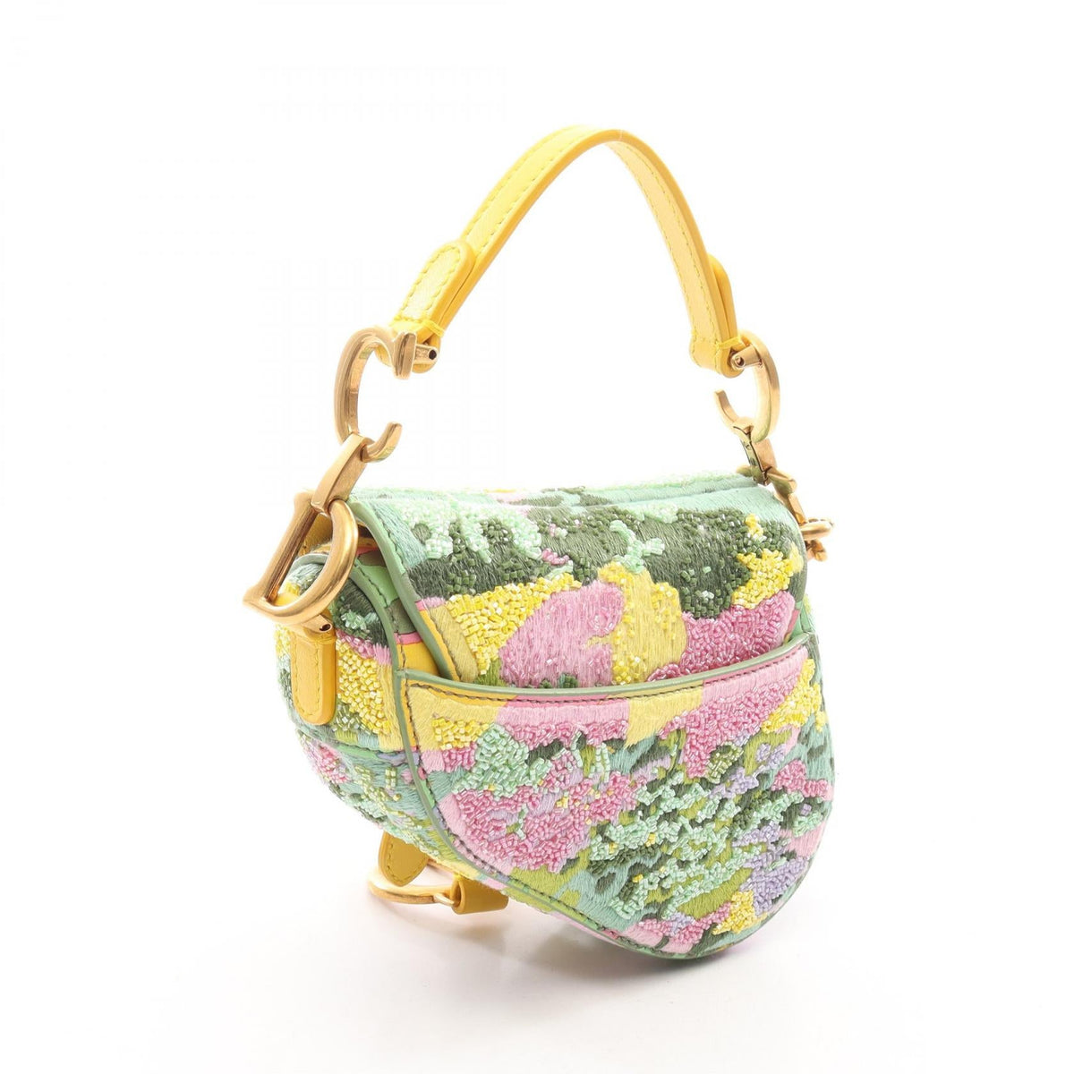 DIOR Dior Micro Saddle Hand Shoulder Bag Leather Fabric Yellow Green Used Women image 2