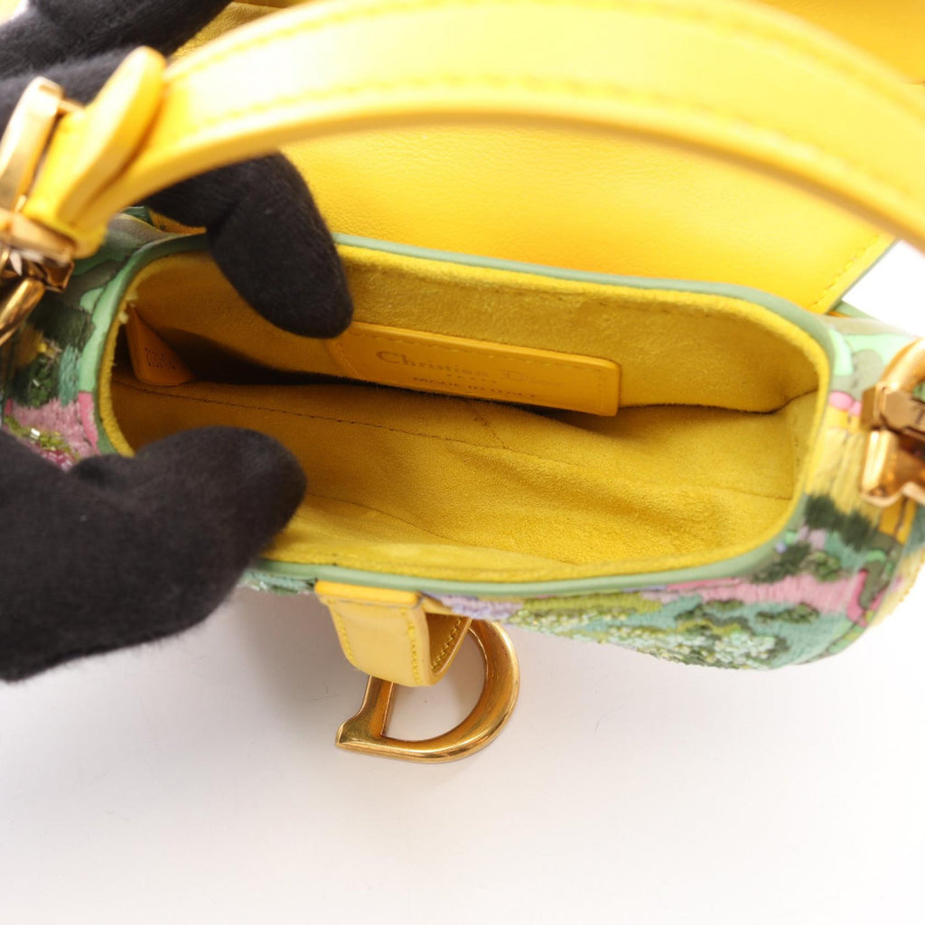 DIOR Dior Micro Saddle Hand Shoulder Bag Leather Fabric Yellow Green Used Women image 3