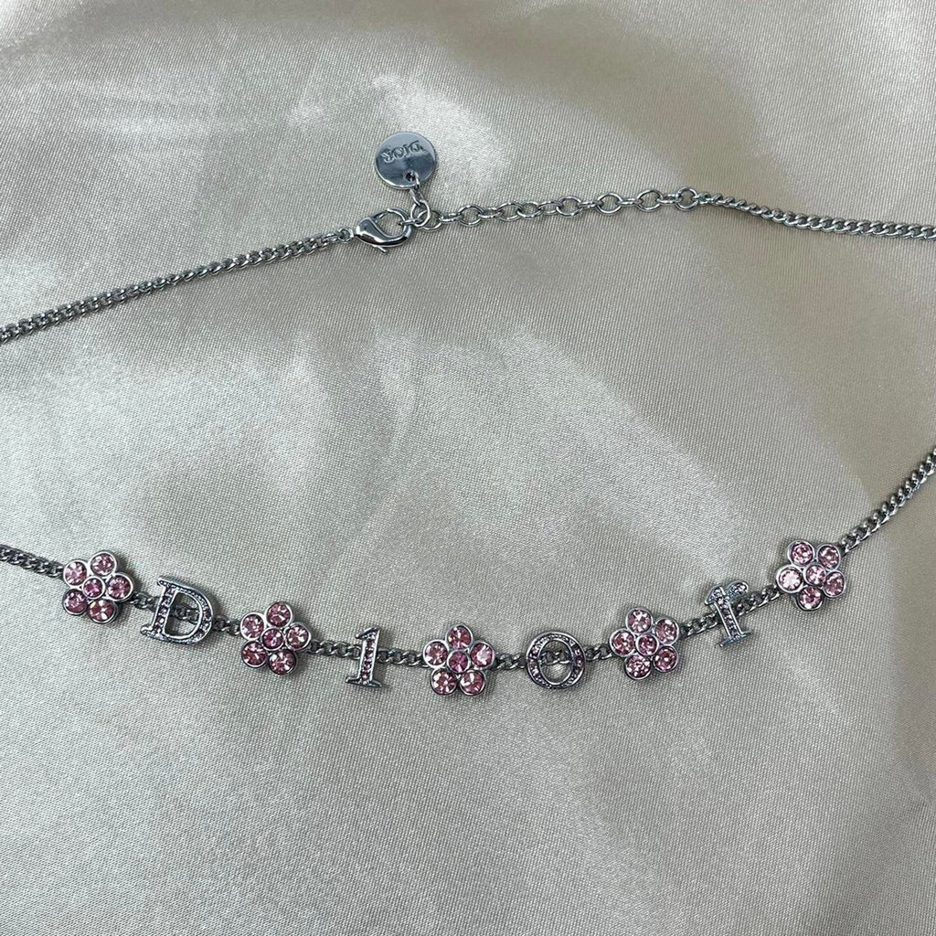 Christian Dior Crystal Floral Logo Charm Silver Chain Necklace