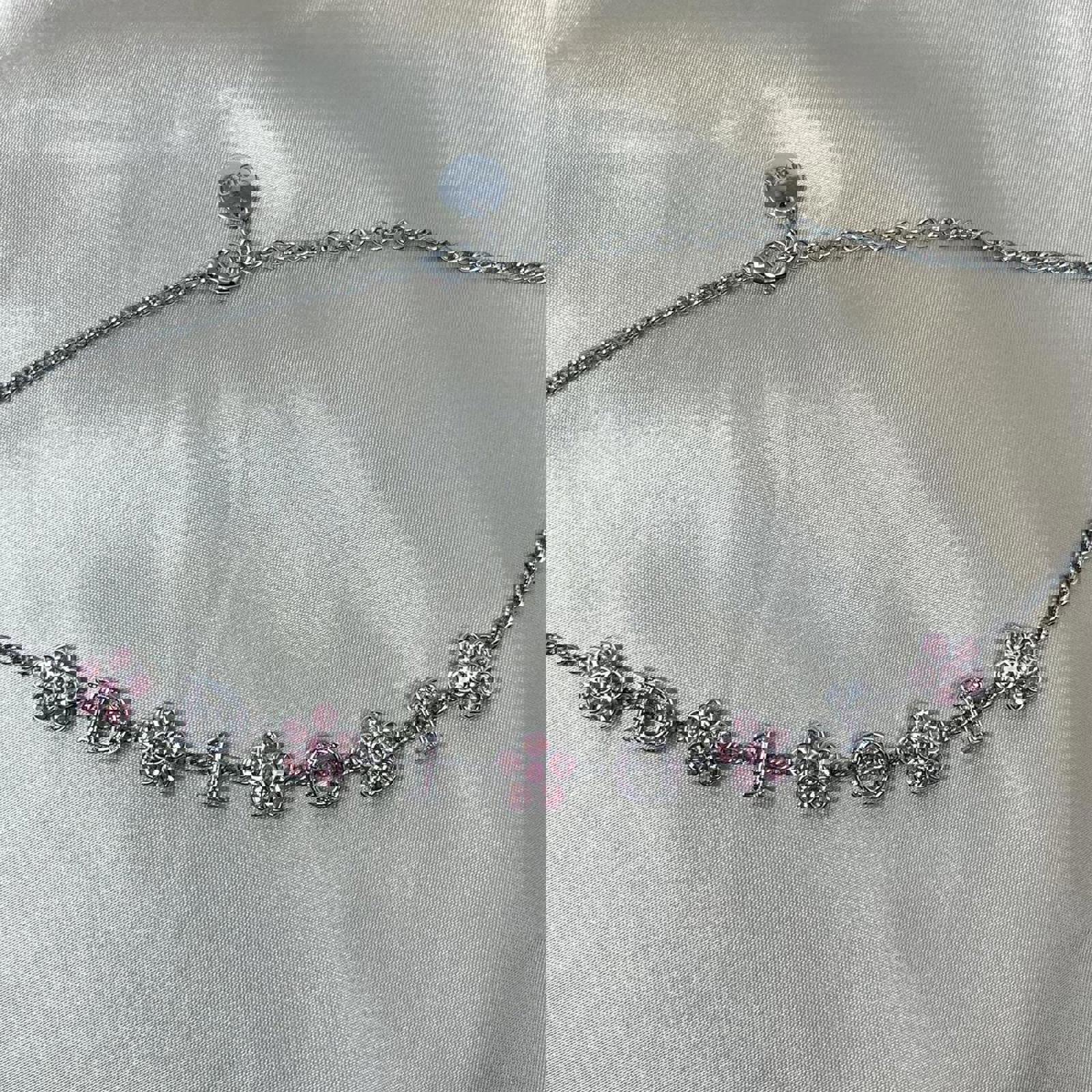 Christian Dior Crystal Floral Logo Charm Silver Chain Necklace