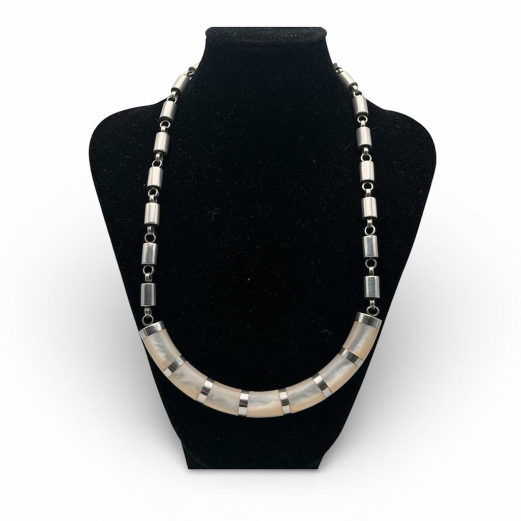 Vintage Heavy Sterling Silver Necklace With Onyx & Nacré (Mother Of Pearl)