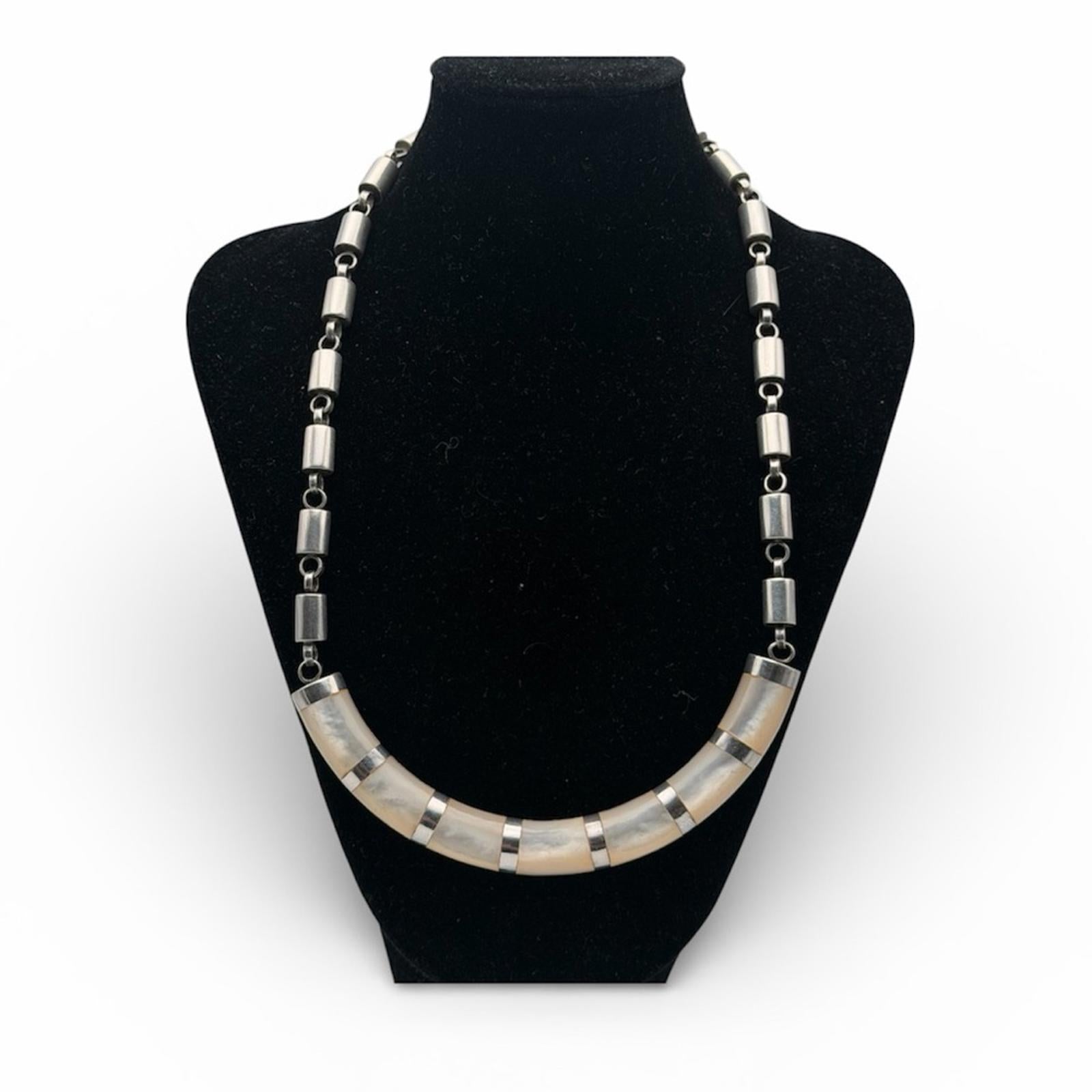 Vintage Heavy Sterling Silver Necklace With Onyx & Nacré (Mother Of Pearl)