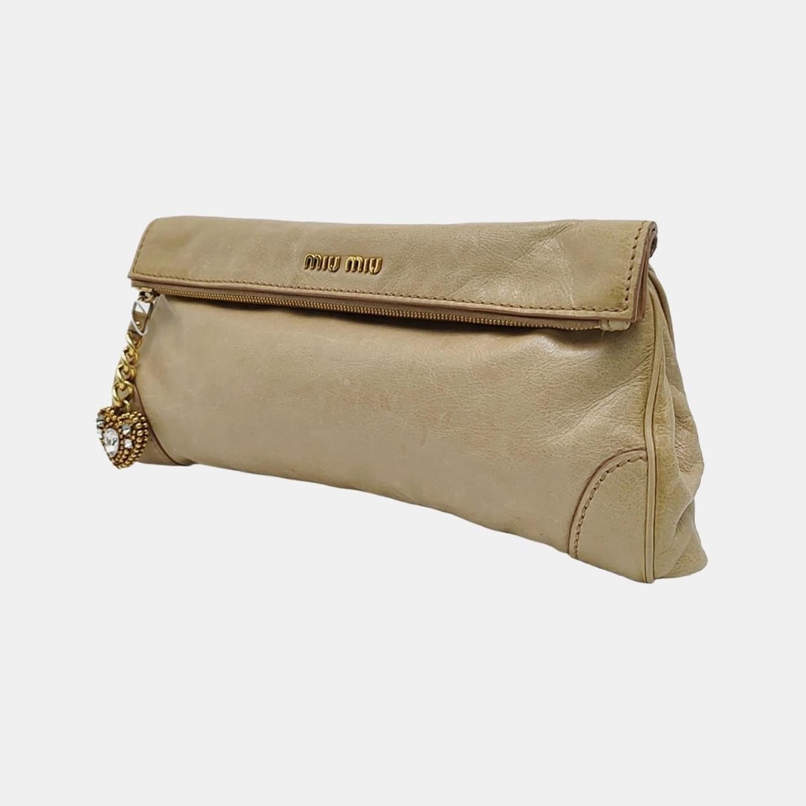 Miu Miu Beige Leather Clutch With Crystal Heart Charm