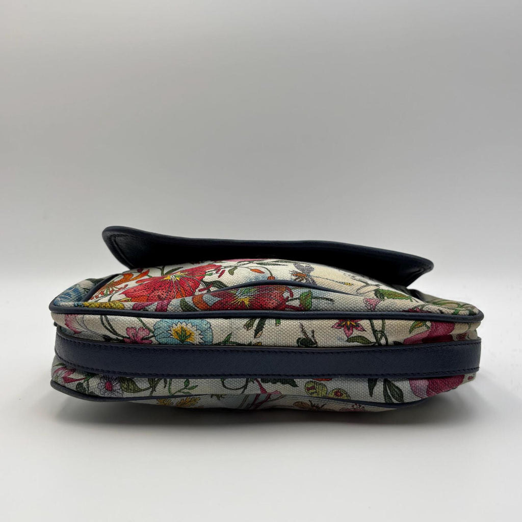 Gucci Flora Camera Crossbody Bag in Blue Leather & Botanical Canvas