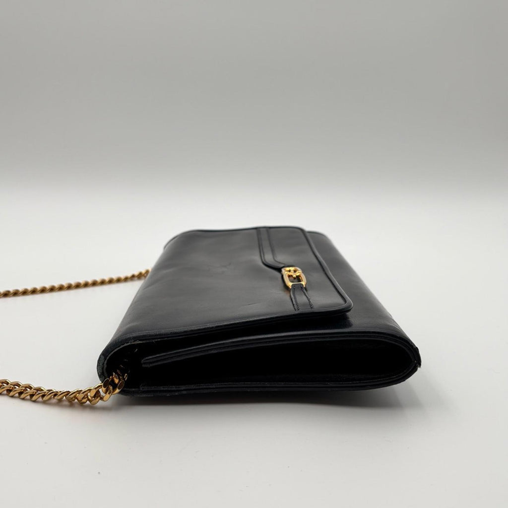 Gucci Vintage Navy Leather Chain Shoulder Bag Gold Hardware