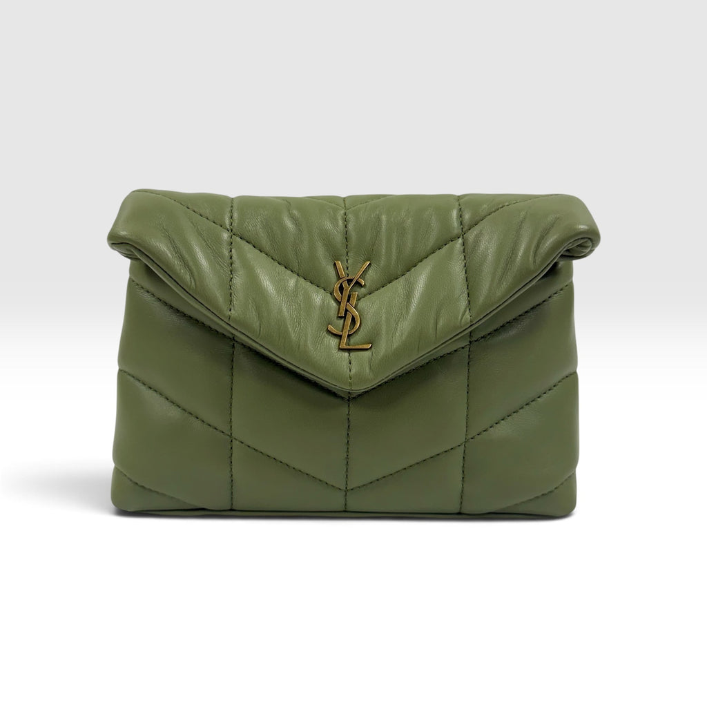 Saint Laurent Loulou Puffer Small Pouch in Olive Green Leather
