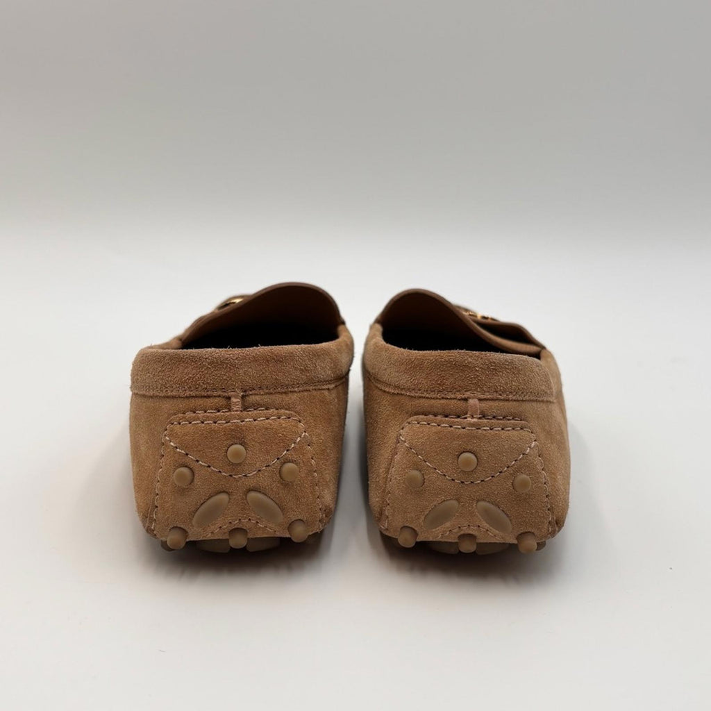 Salvatore Ferragamo Gancini Suede Driving Loafers Tan Gold