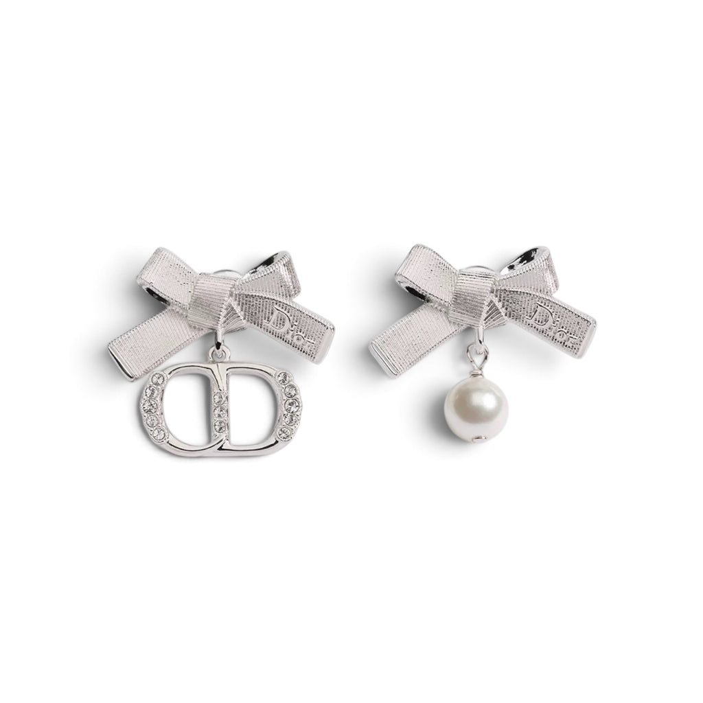 Dior CD Parure Asymmetric Bow Earrings in Silver