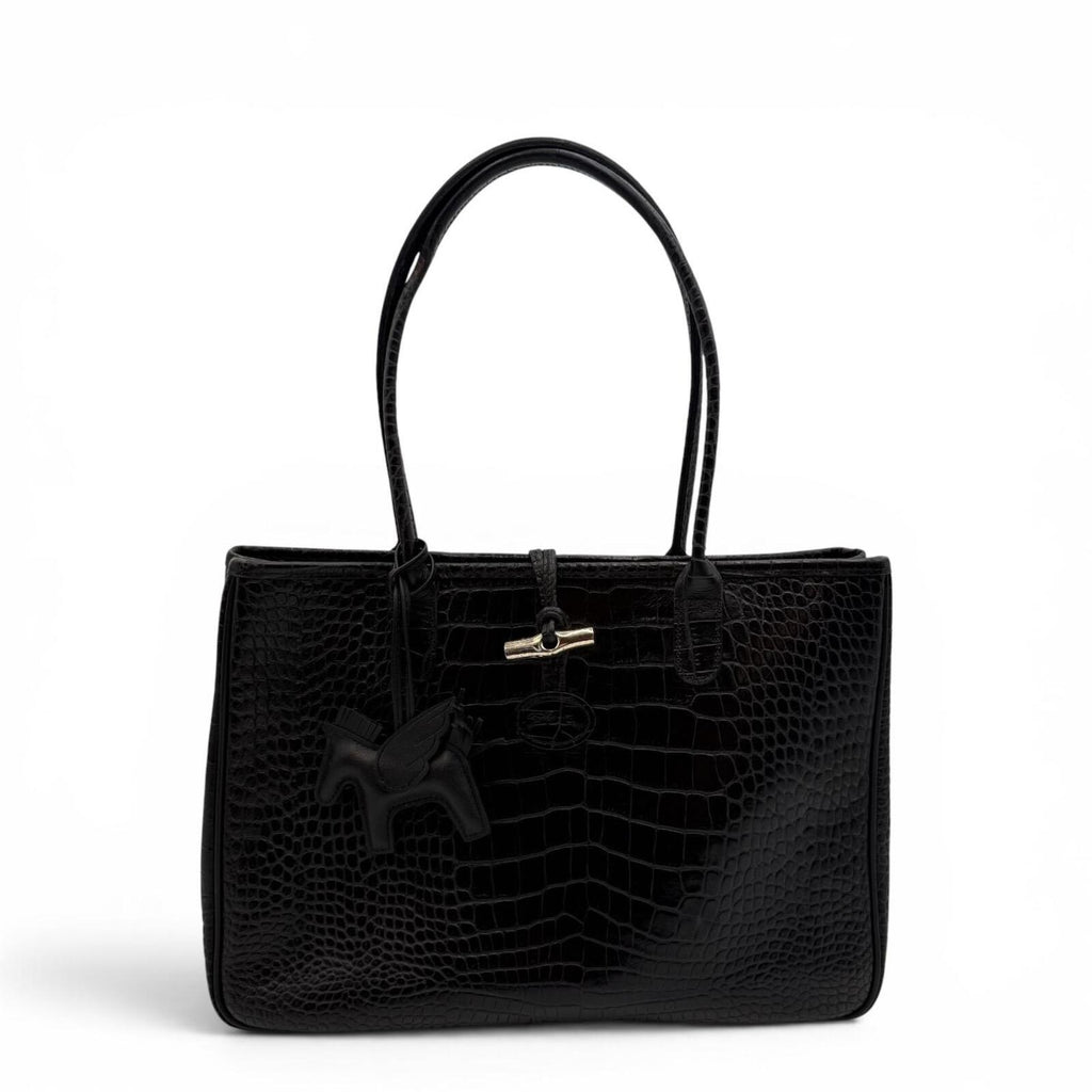 Longchamp Black Crocodile Embossed Roseau Tote