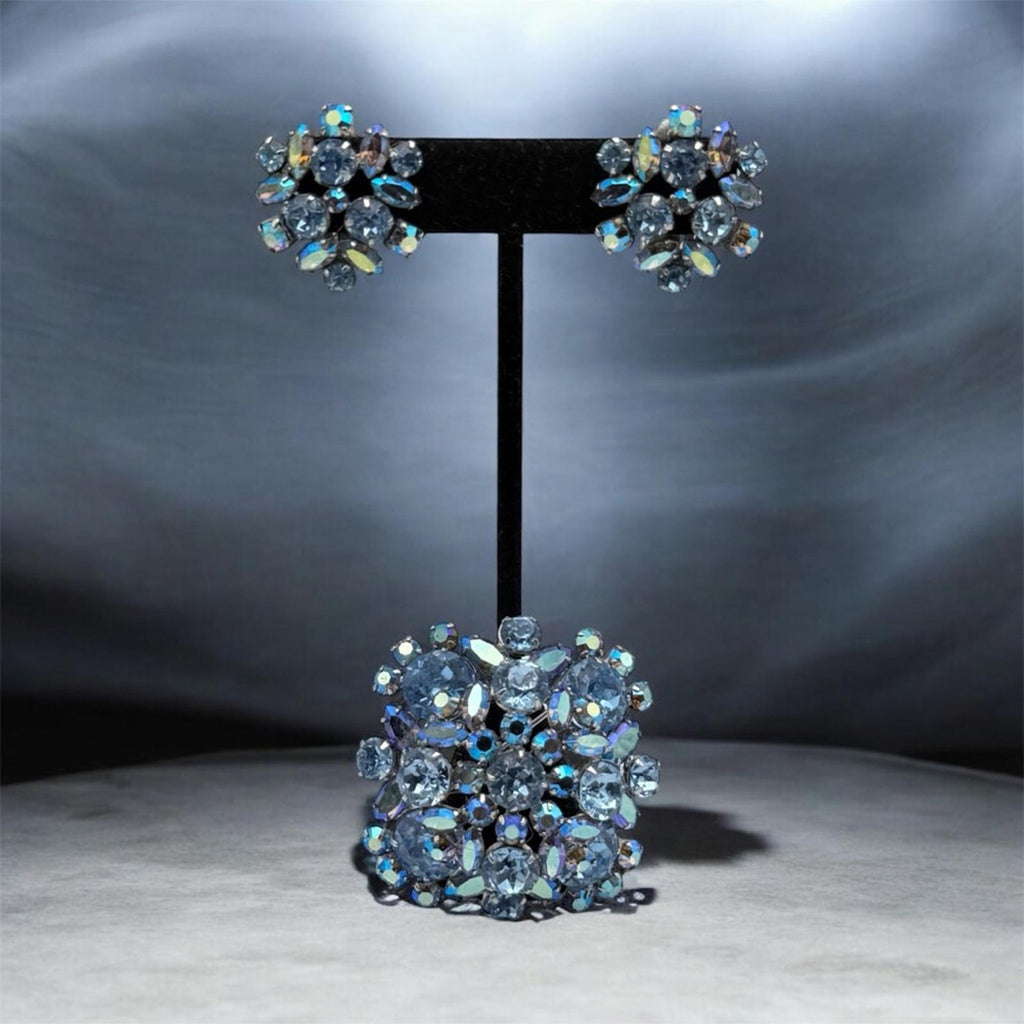Vintage Sherman Blue Rhinestone Earrings And Brooch Set