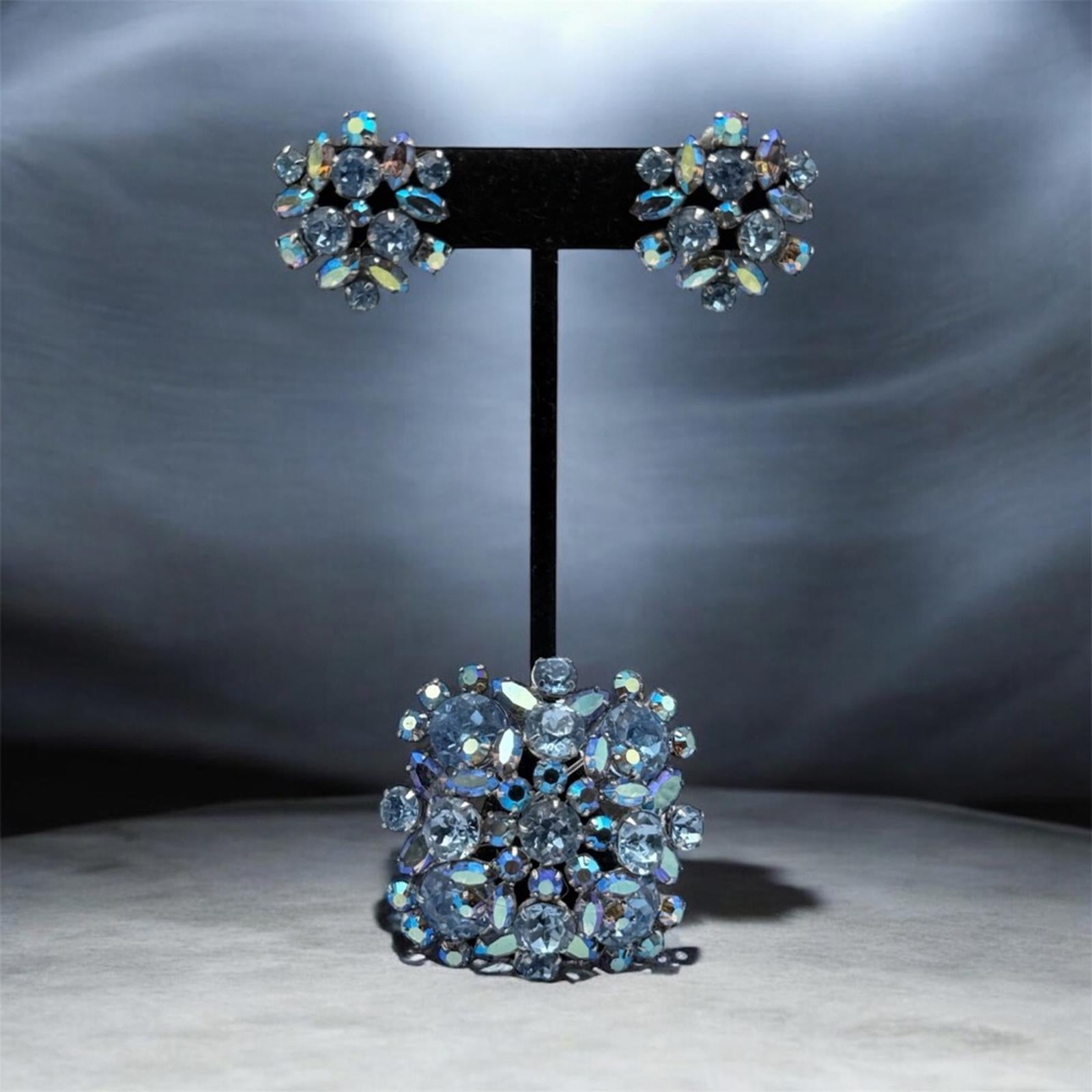 Vintage Sherman Blue Rhinestone Earrings And Brooch Set