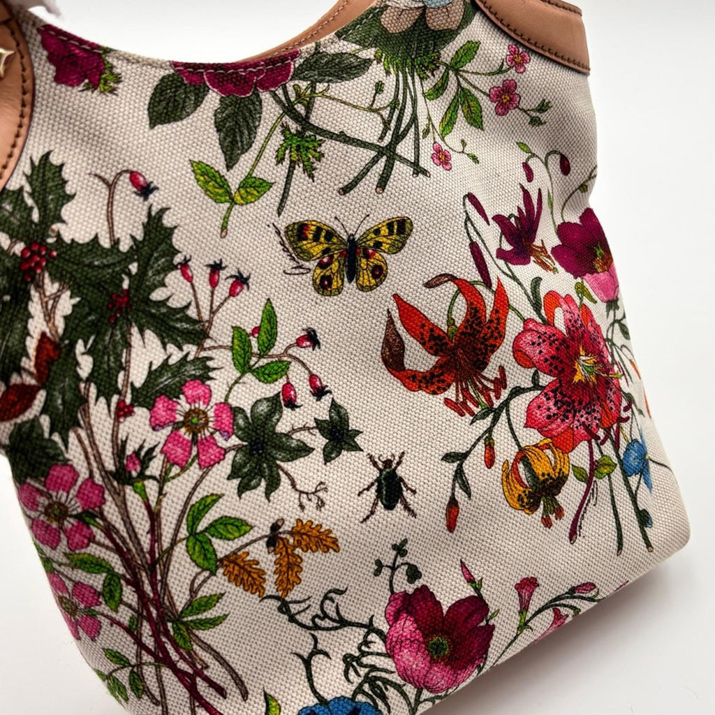 Gucci White Flora Floral Canvas Bamboo
Top Handle Mini Tote Bag