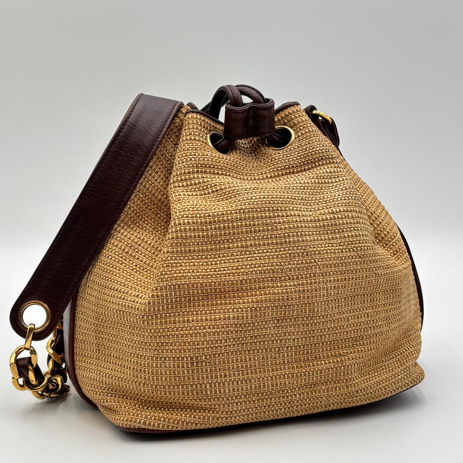 Chanel Raffia Drawstring Bucket Bag With Leather Trim & Gold Hardware