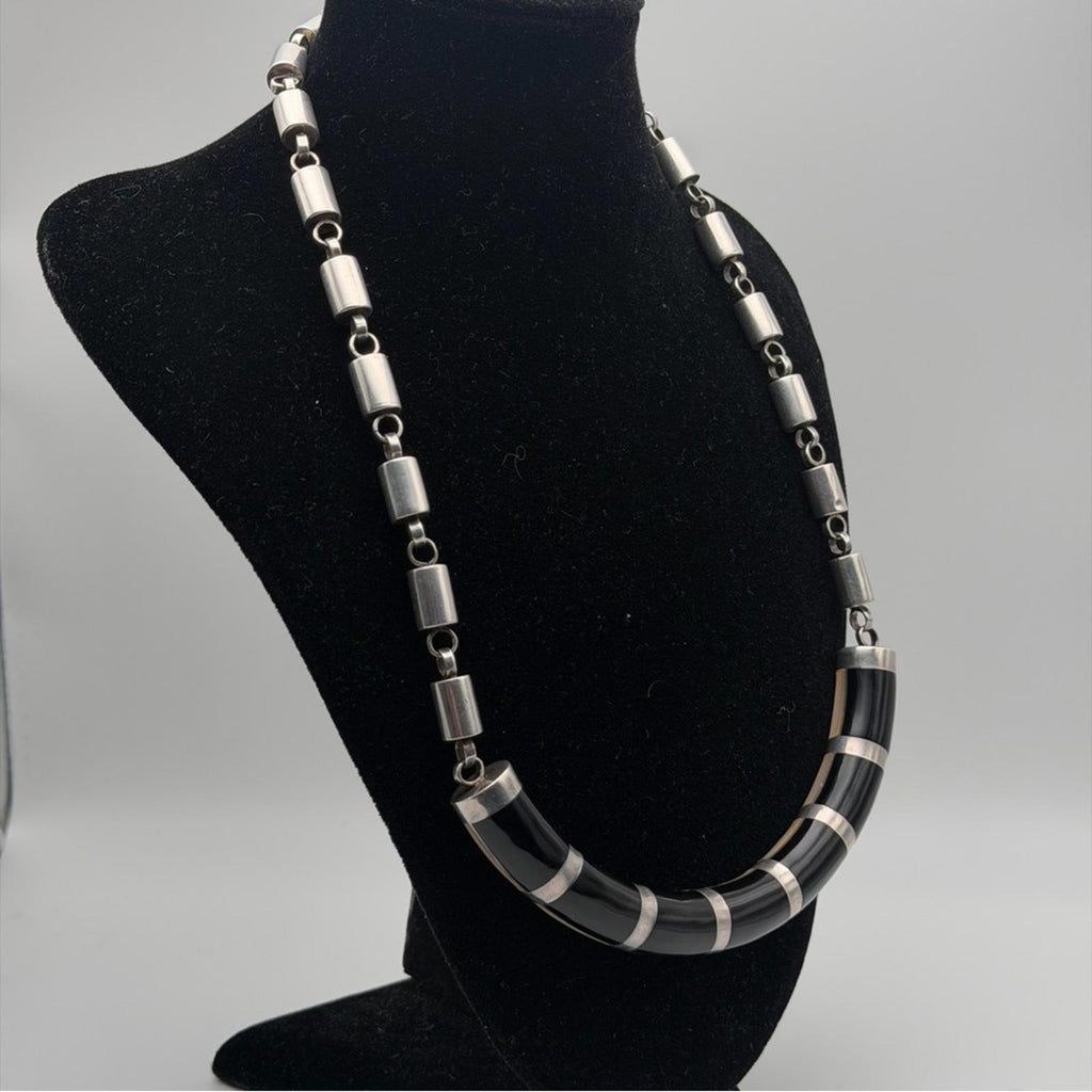 Vintage Heavy Sterling Silver Necklace With Onyx & Nacré (Mother Of Pearl)