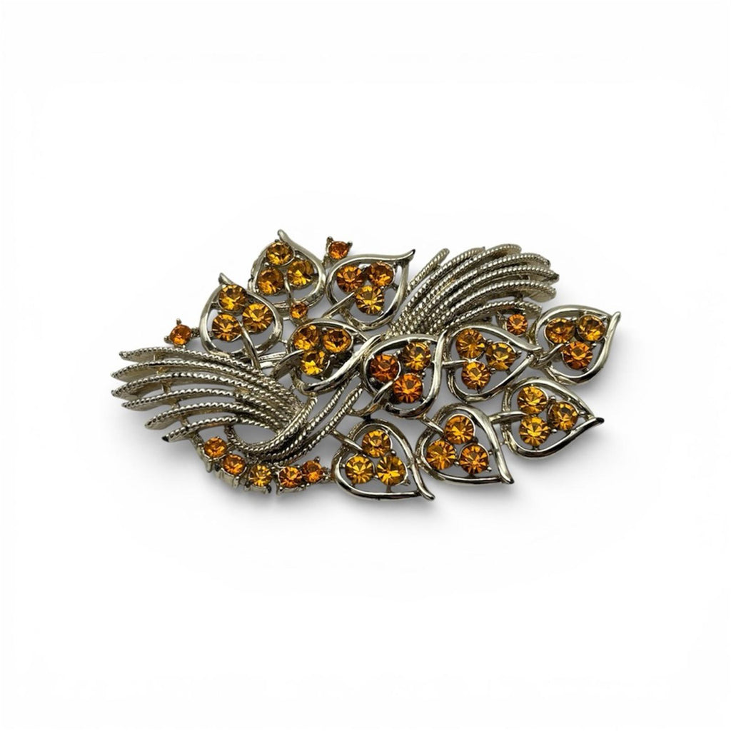 Vintage Gold-Tone & Amber Crystal Leaf Brooch