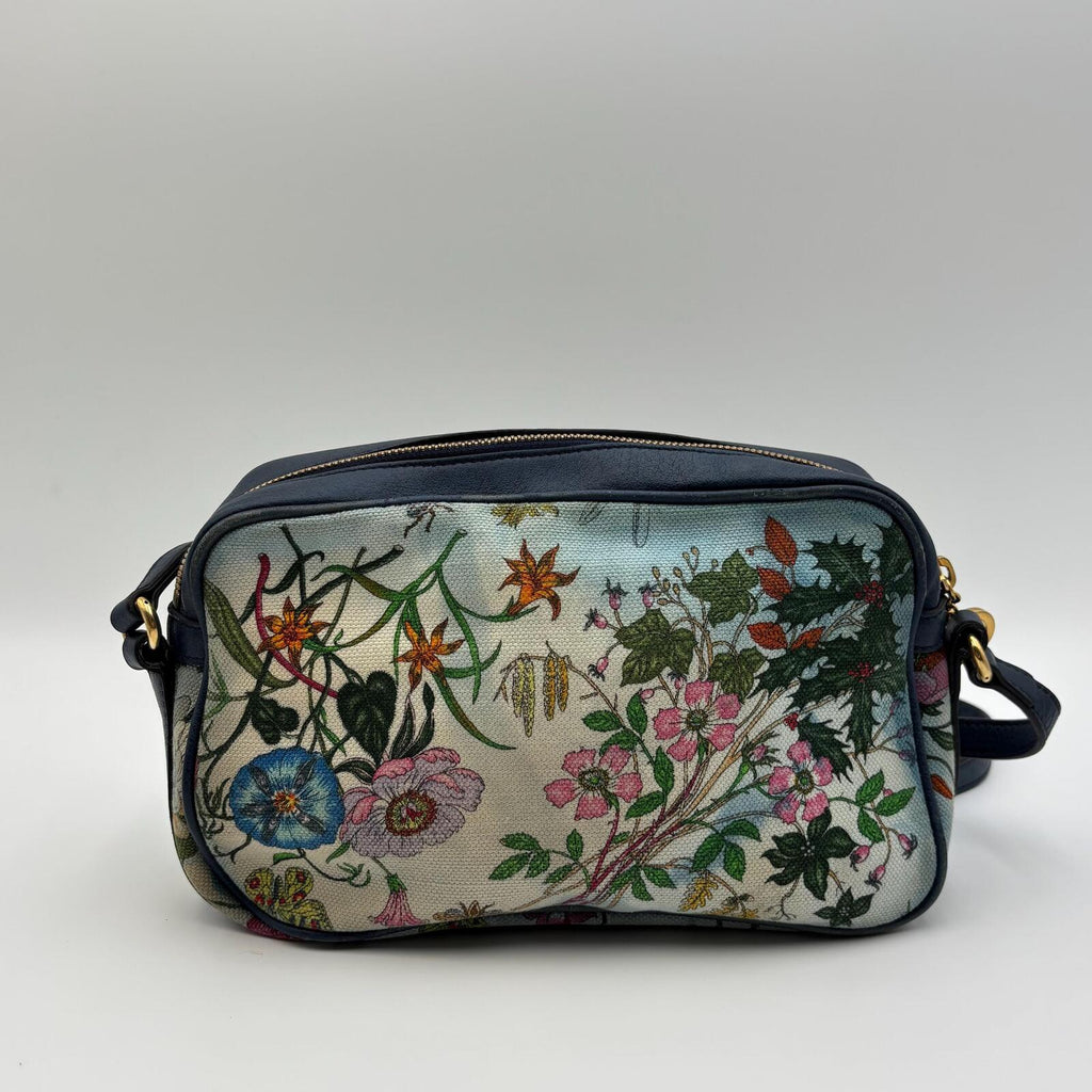 Gucci Flora Camera Crossbody Bag in Blue Leather & Botanical Canvas