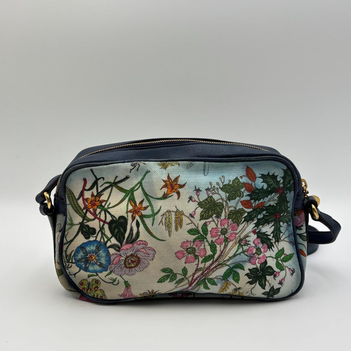 Gucci Flora Camera Crossbody Bag in Blue Leather & Botanical Canvas