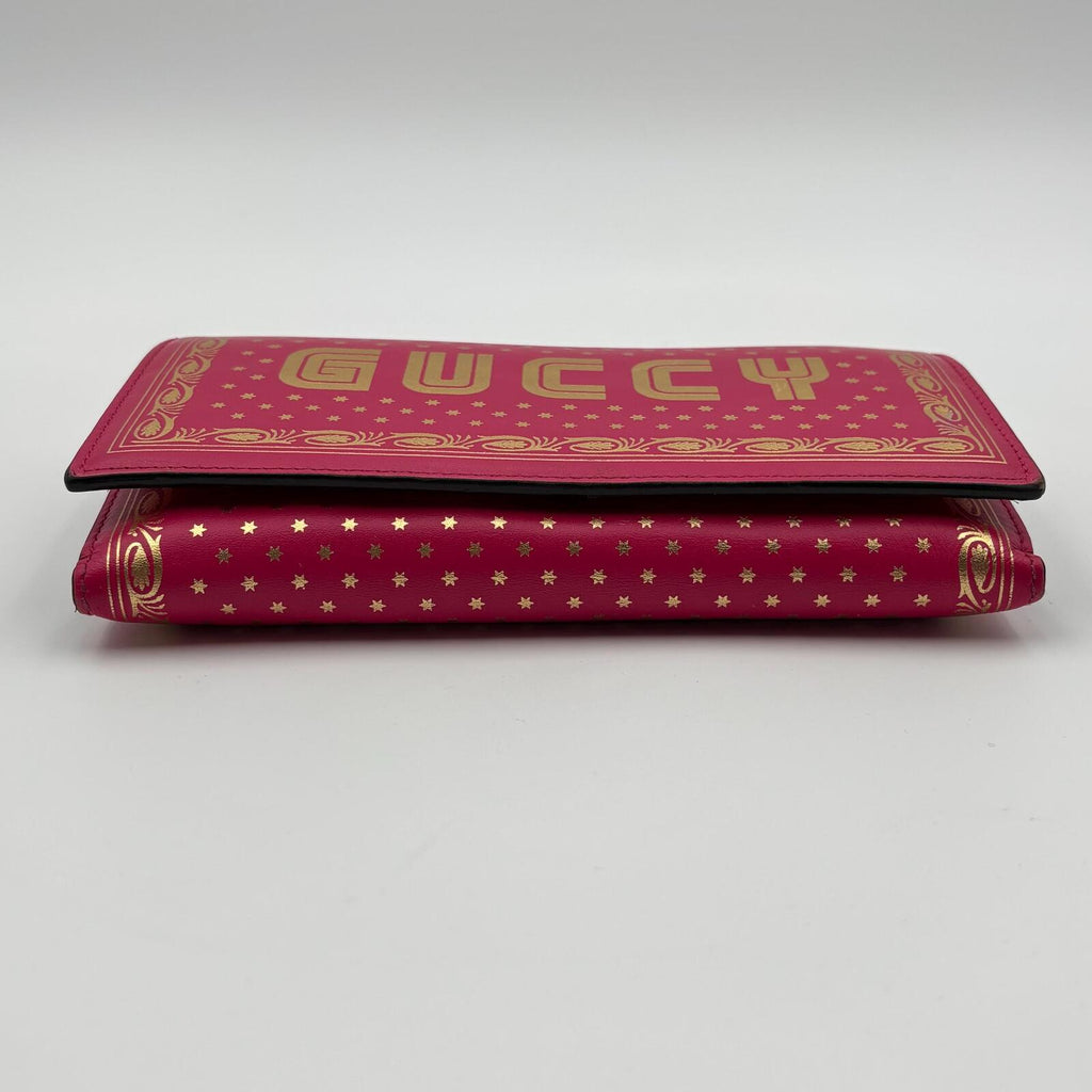 Gucci Pink Gold Print Chain Wallet Crossbody Clutch