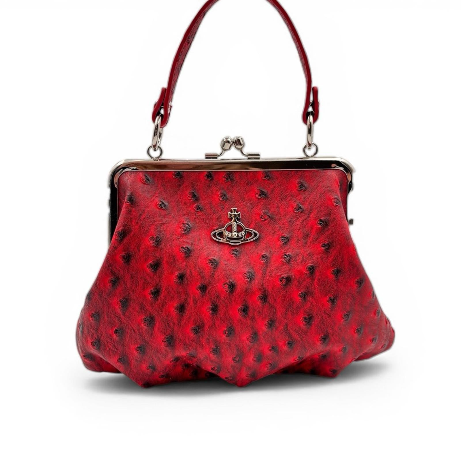 Vivienne Westwood Red Vegan Ostrich Embossed Granny Bag with Chain Strap