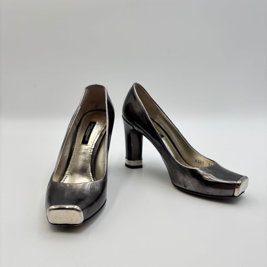 D&G Dolce & Gabbana Metallic Leather Square Toe Pumps – Size 36