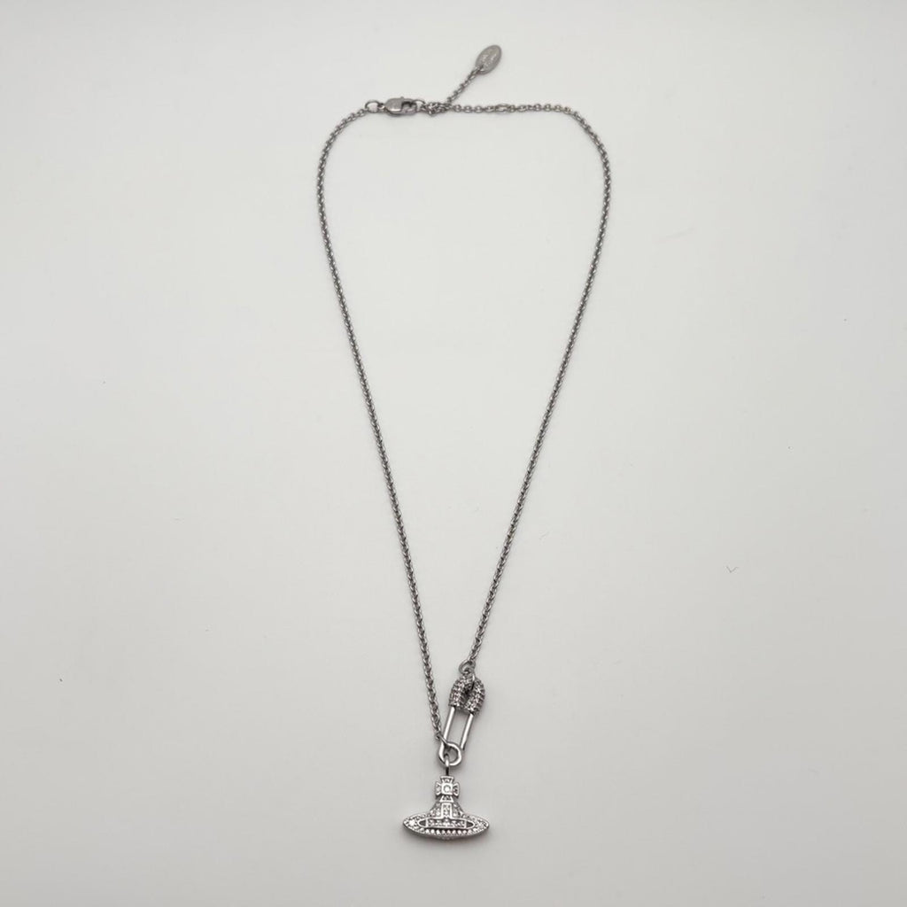 Vivienne Westwood Crystal Orb Safety Pin Necklace – Silver Tone