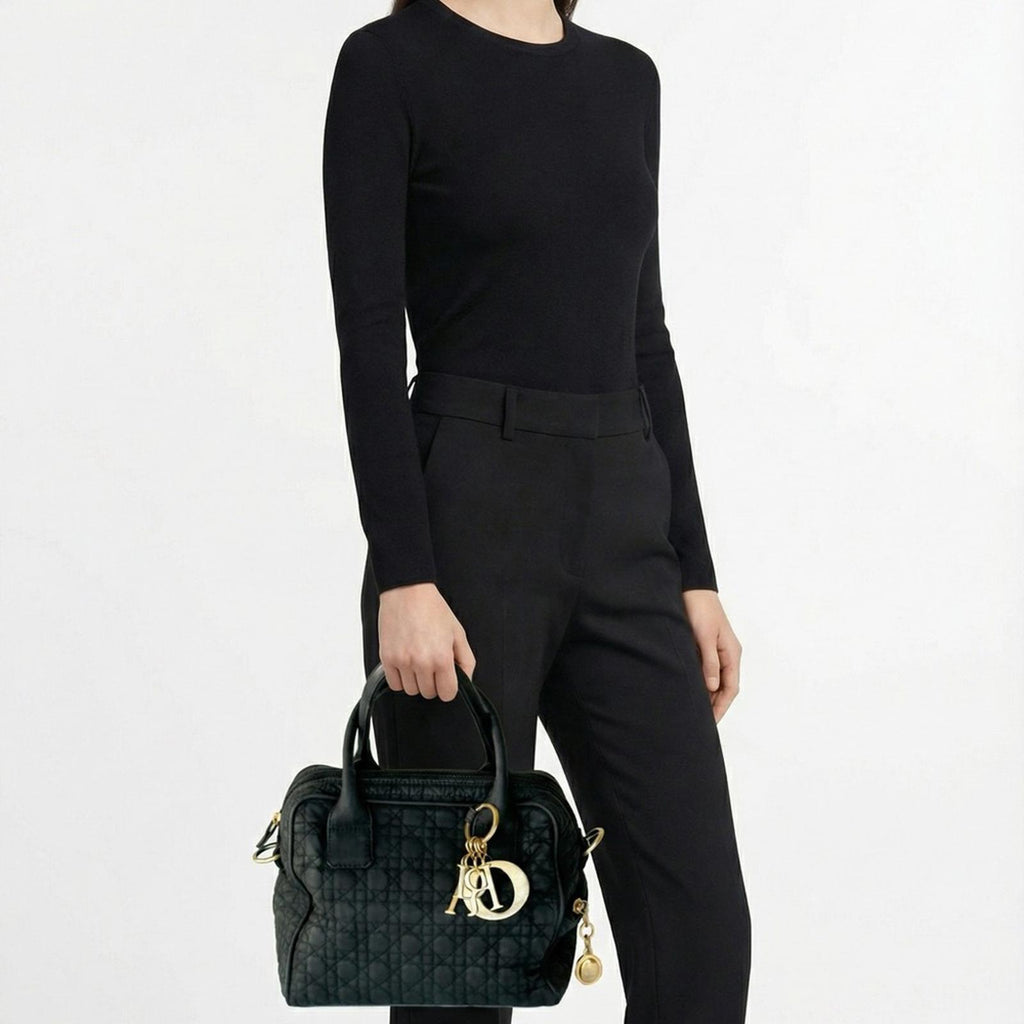 Christian Dior Black Lady Dior Cannage Nylon Quilted Handbag