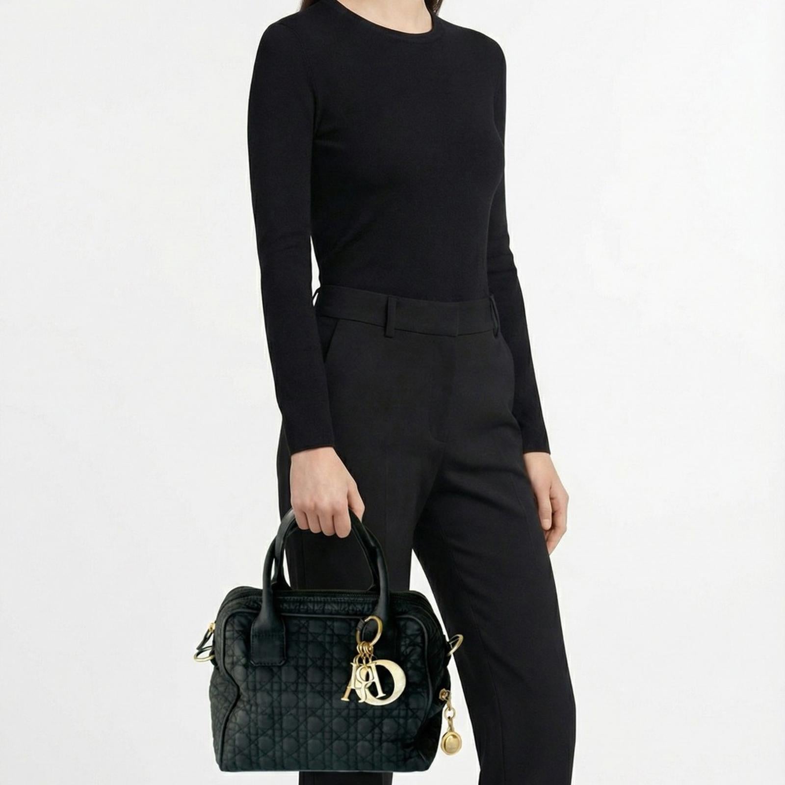 Christian Dior Black Lady Dior Cannage Nylon Quilted Handbag