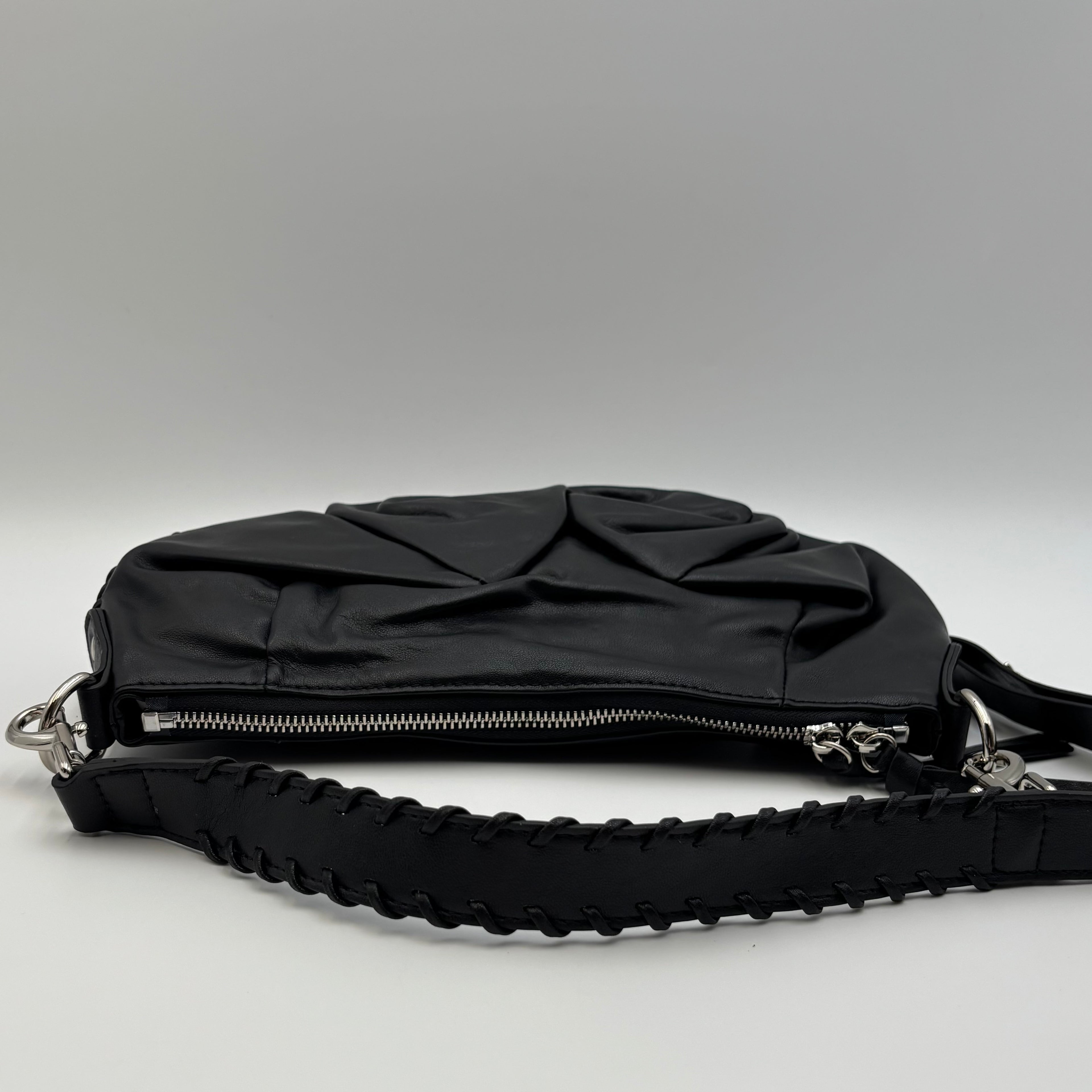 Vivienne Westwood Agnes Small Black Leather Ruched Shoulder Bag