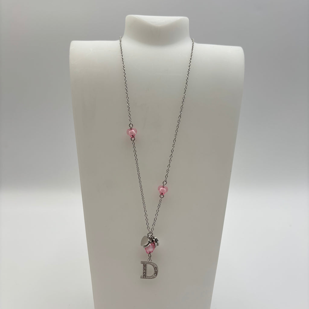 Christian Dior Pink Heart Crystal D Charm Necklace in Silver Tone 2000s