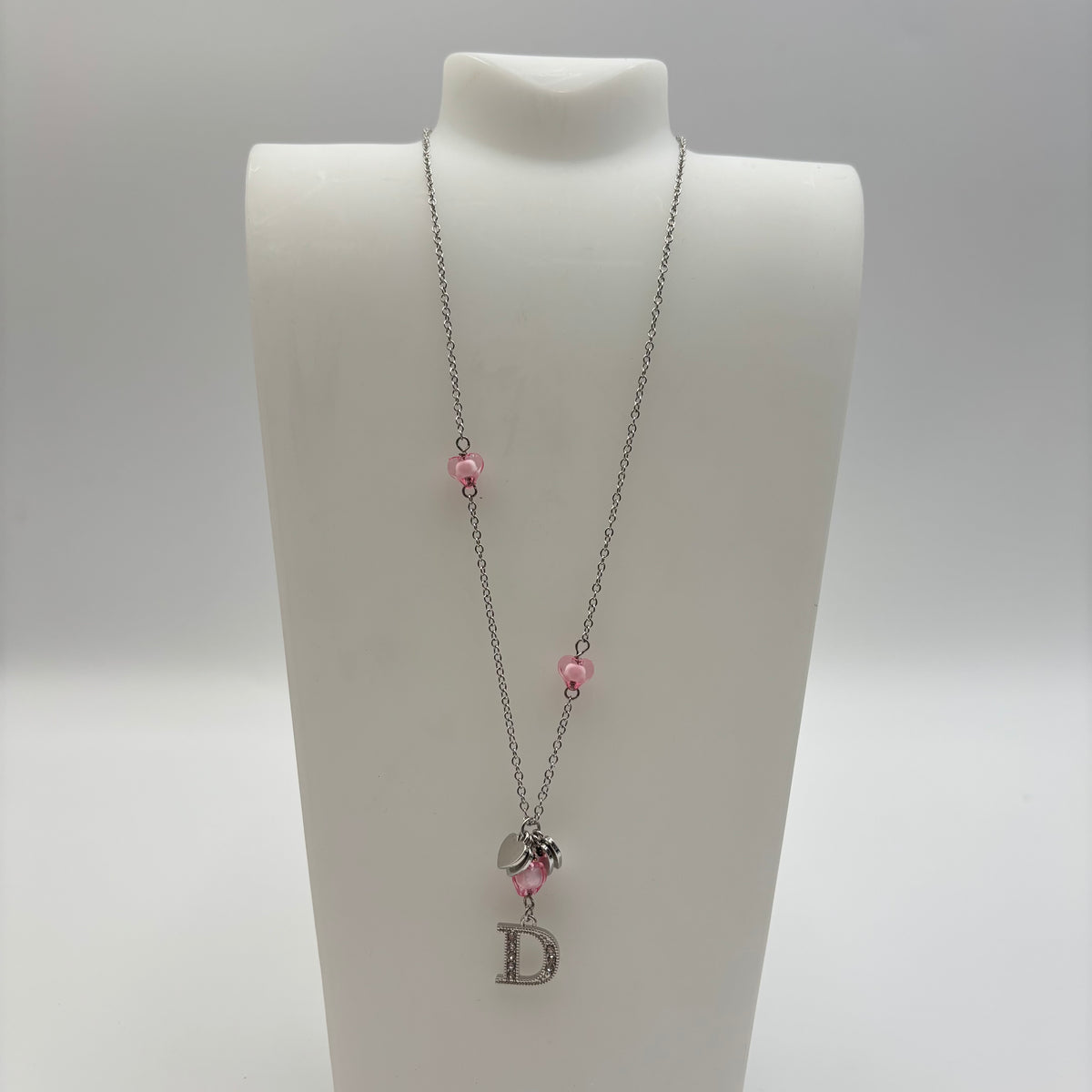Christian Dior Pink Heart Crystal D Charm Necklace in Silver Tone 2000s