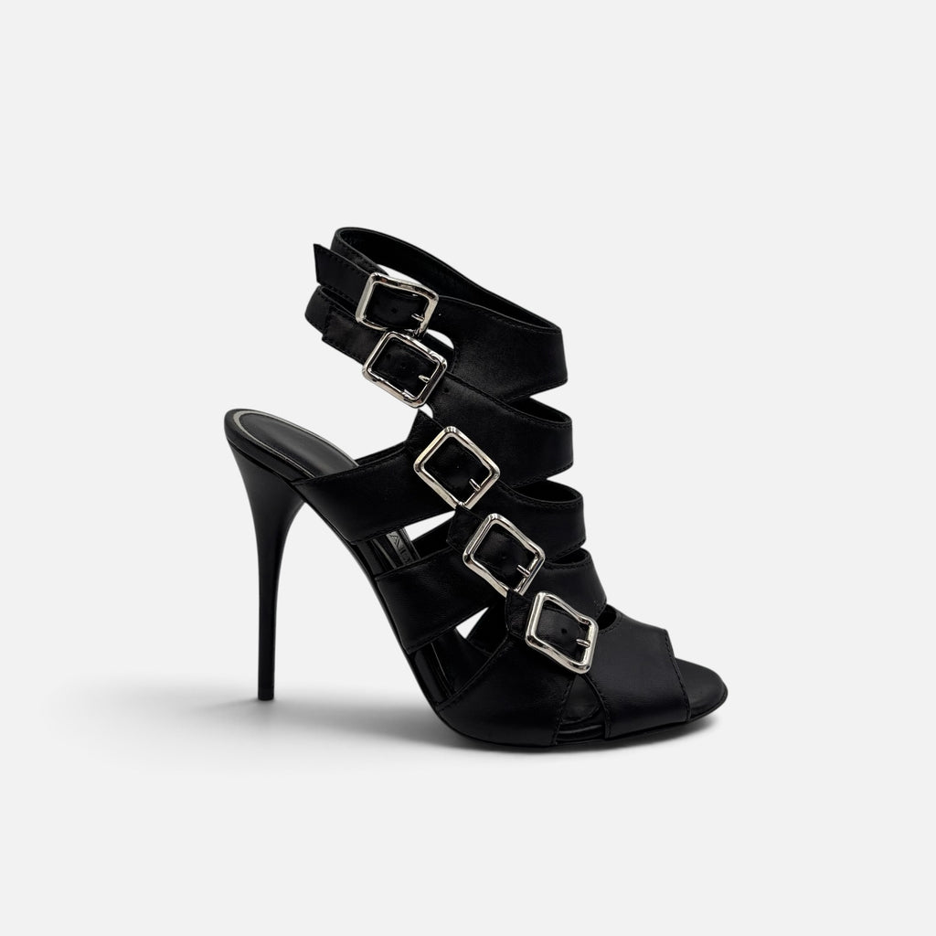Balmain Black Leather Multi-Buckle Gladiator Heels