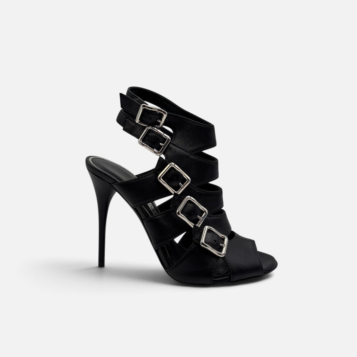 Balmain Black Leather Multi-Buckle Gladiator Heels