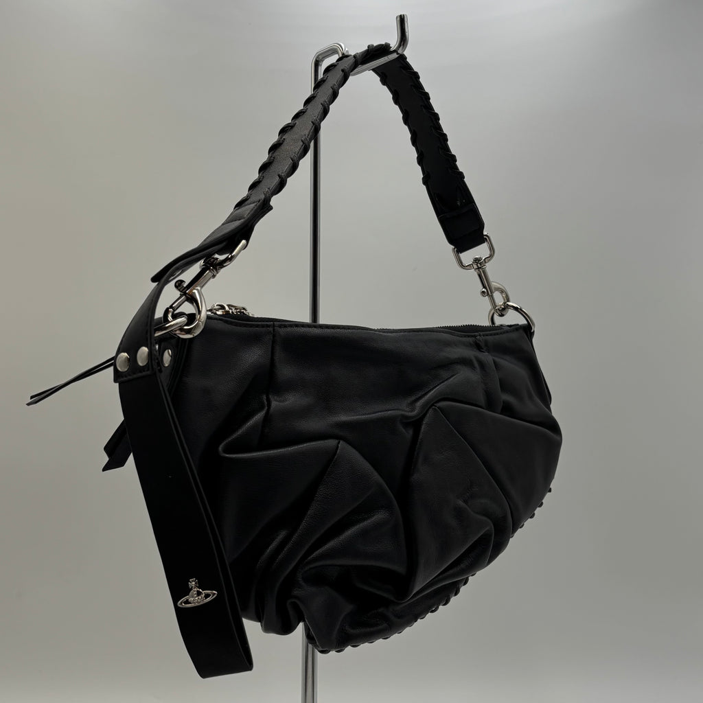 Vivienne Westwood Agnes Small Black Leather Ruched Shoulder Bag