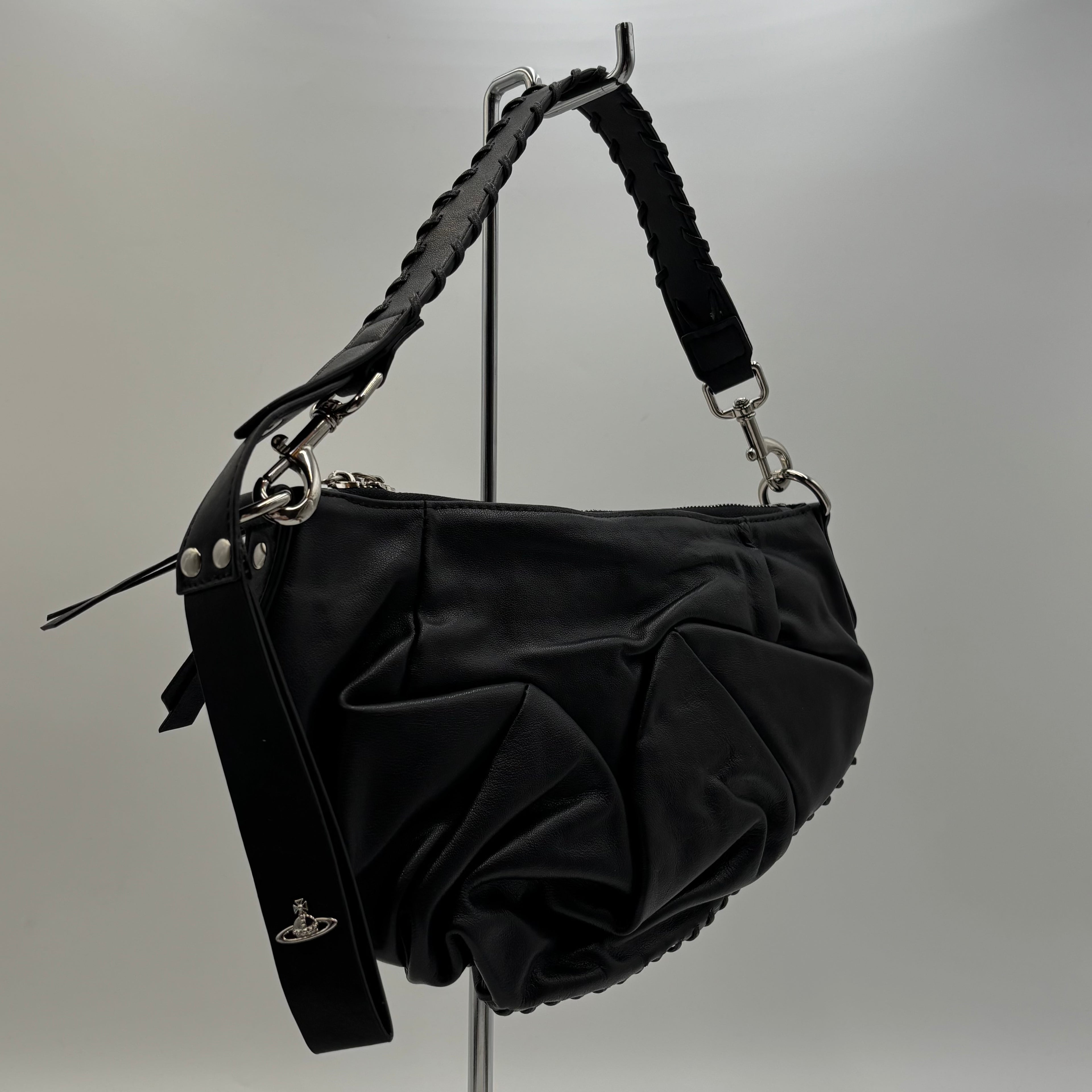 Vivienne Westwood Agnes Small Black Leather Ruched Shoulder Bag
