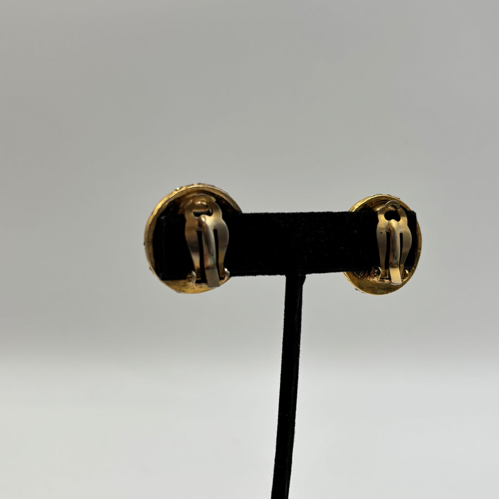 Chanel Gold-Tone Logo Mania Rhinestone Round Clip-On Earrings