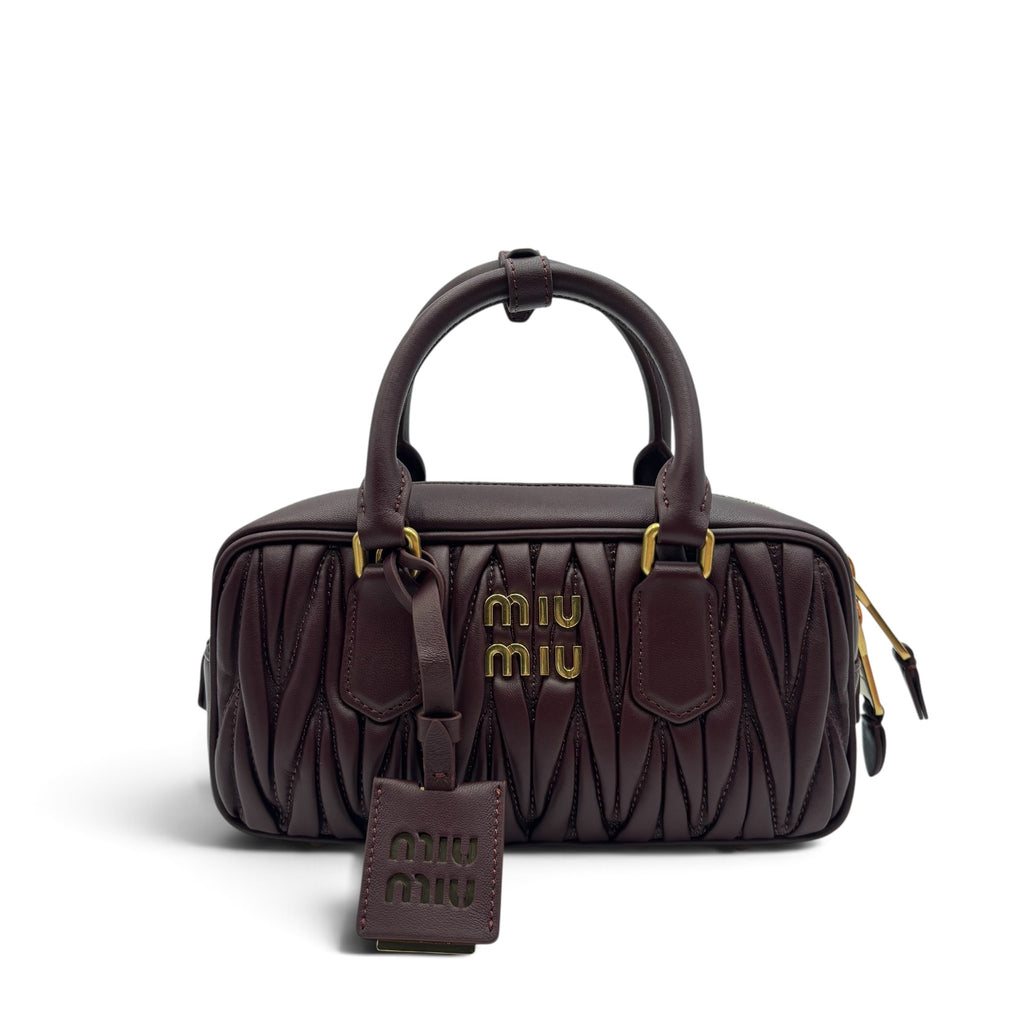 Miu Miu Arcadie Burgundy Matelassé Leather Top Handle Boston Bag With Strap
