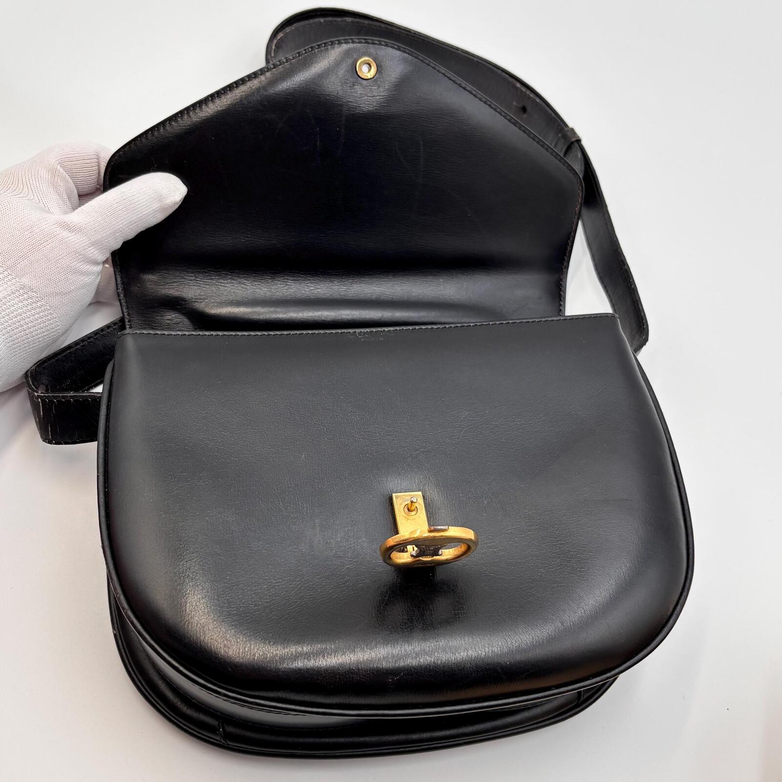 Celine Vintage Black Leather Triomphe Shoulder Bag