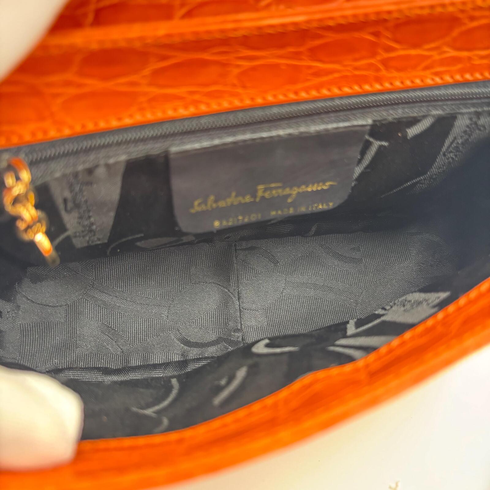 Salvatore Ferragamo Vintage Croc Embossed Leather Shoulder Bag Orange Gancini