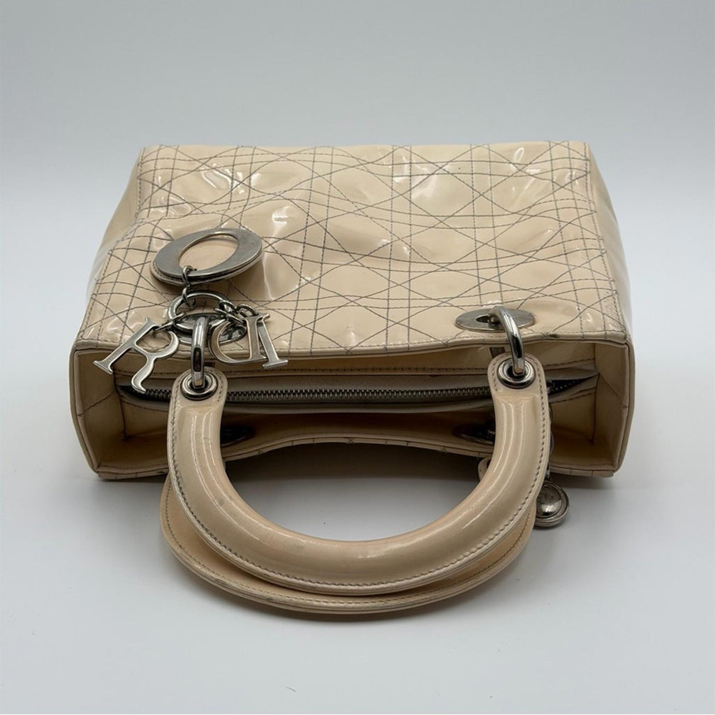 CHRISTIAN DIOR LADY DIOR PATENT LEATHER BAG BEIGE / NUDE SILVER HARDWARE
