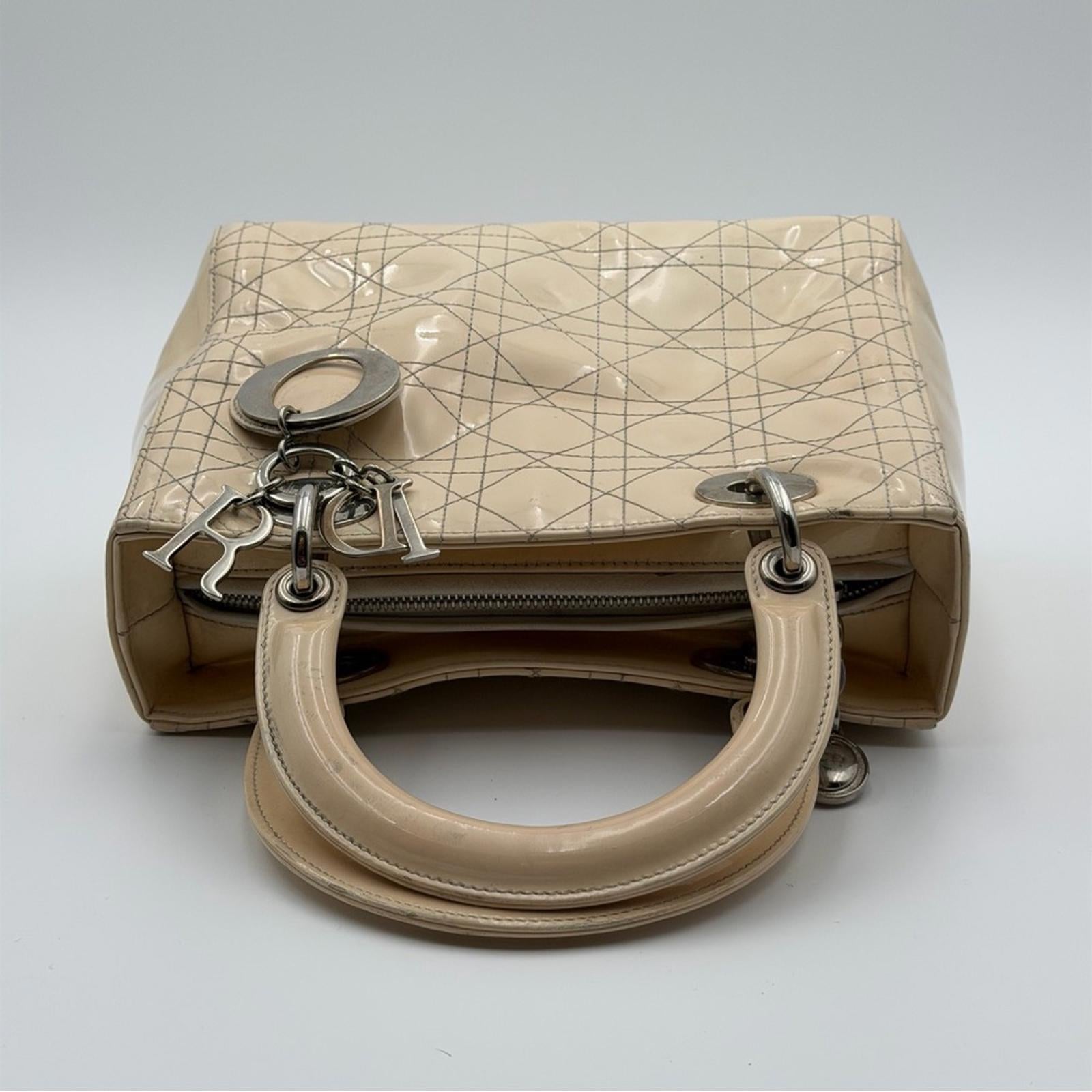 CHRISTIAN DIOR LADY DIOR PATENT LEATHER BAG BEIGE / NUDE SILVER HARDWARE