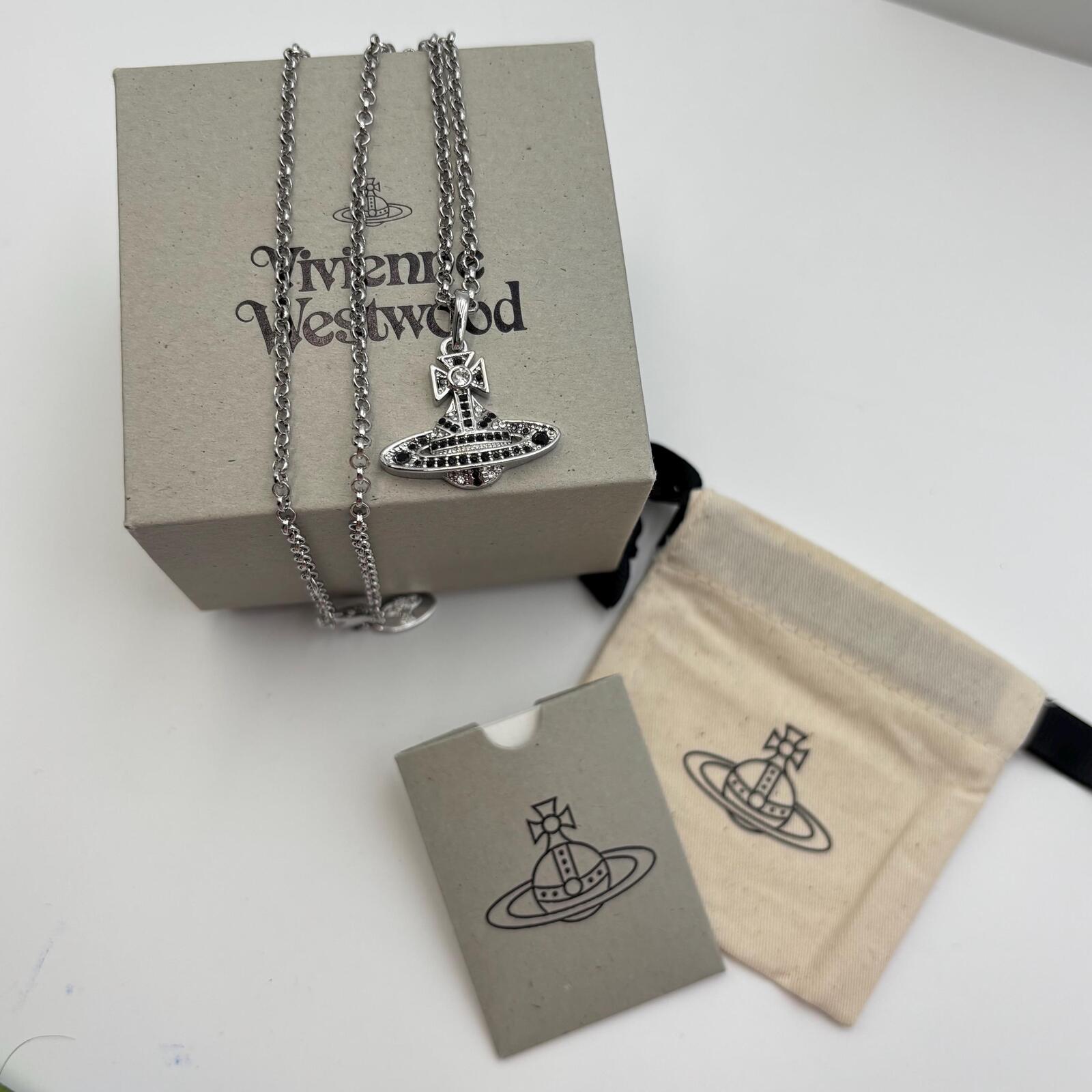 Vivienne Westwood Small Orb Bas Relief Pendant Necklace Black White Crystal