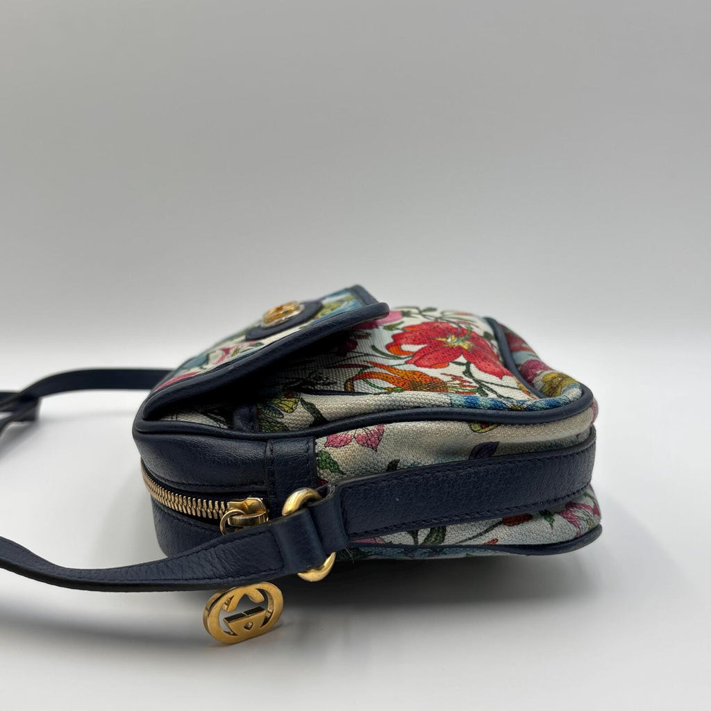 Gucci Flora Camera Crossbody Bag in Blue Leather & Botanical Canvas