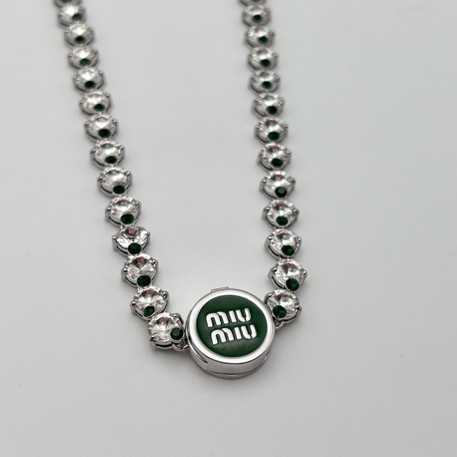 Miu Miu Crystal Tennis Necklace With Green Logo Pendant