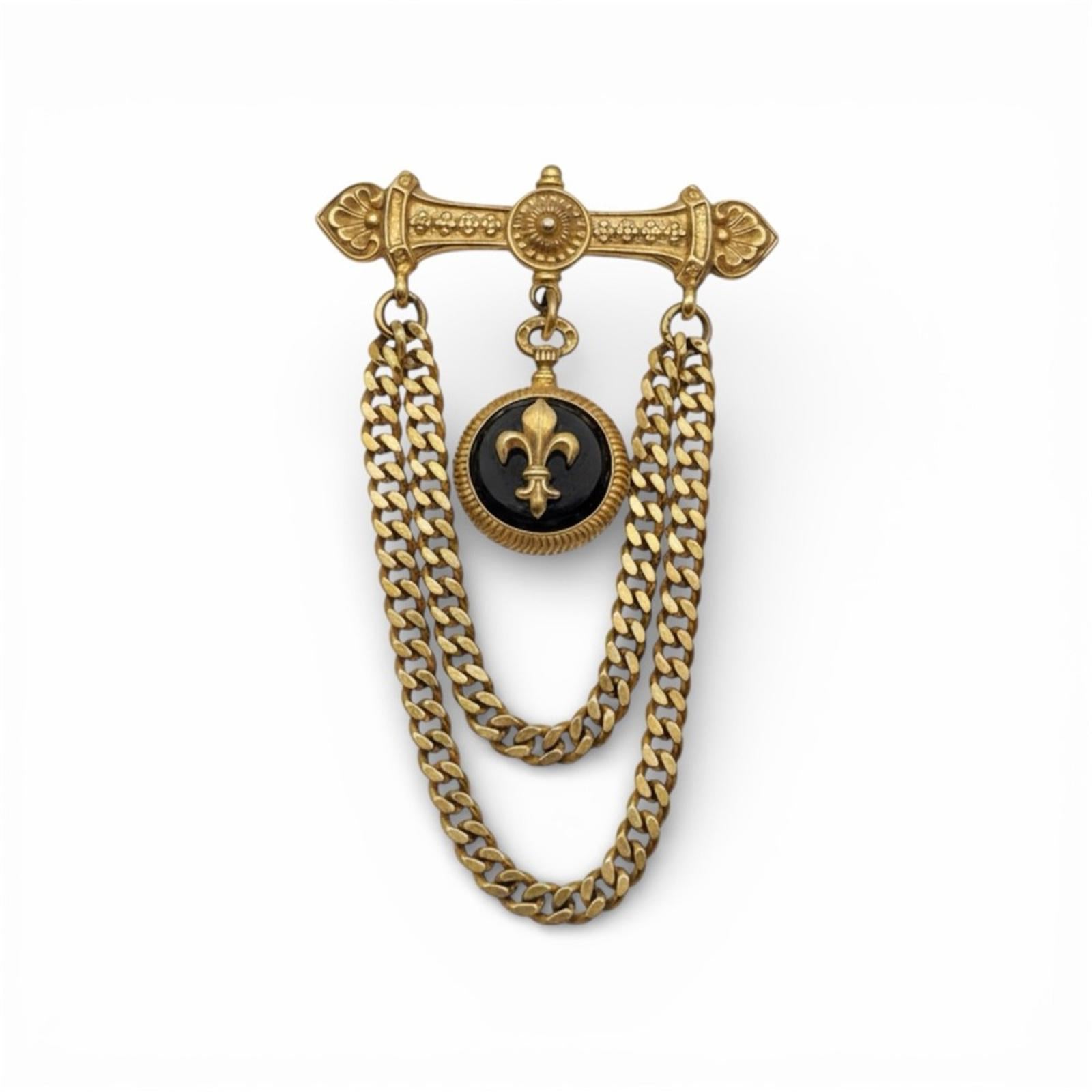 Ben-Amun Gold Tone Chain Brooch With Fleur-De-Lis Medallion
