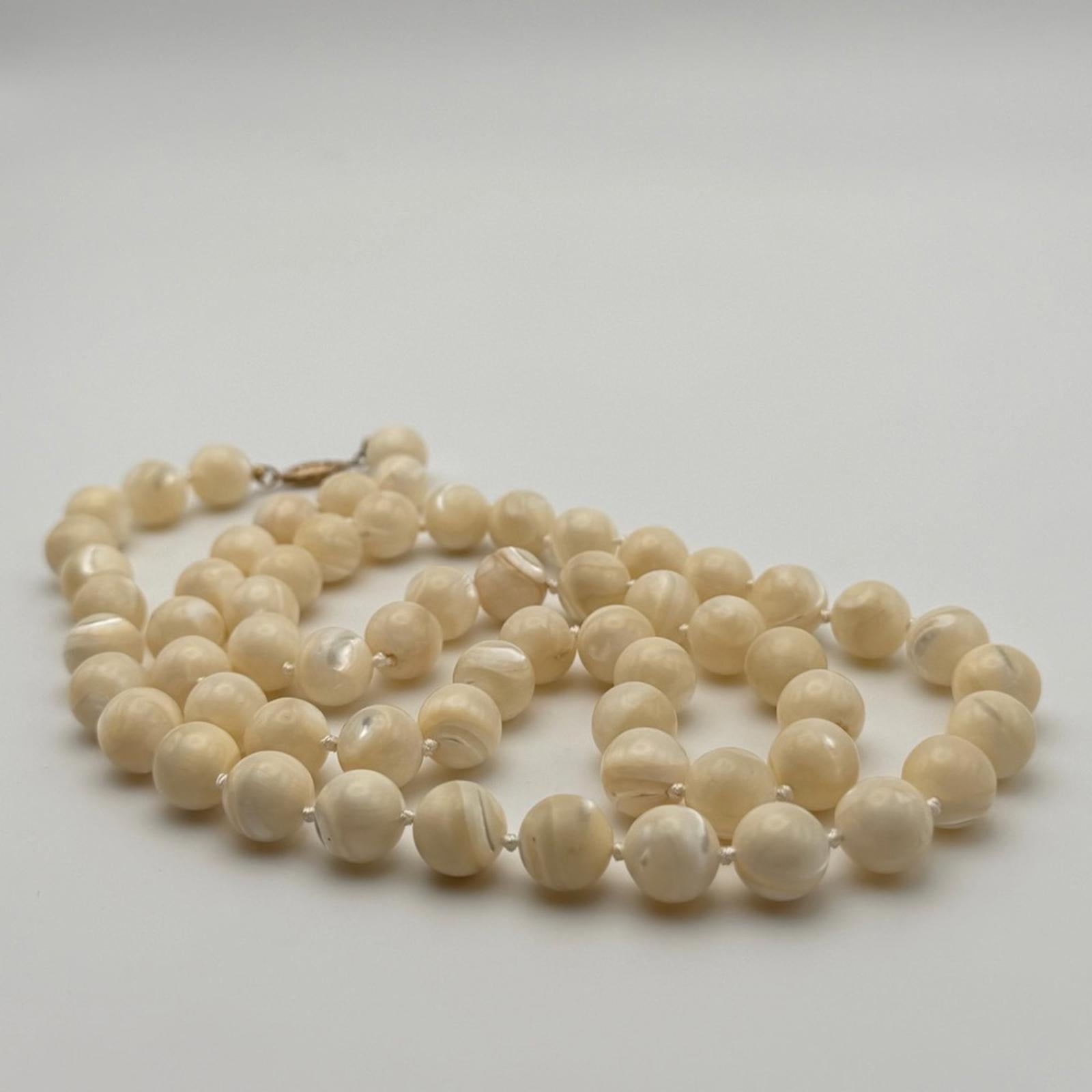 Vintage Mother Of Pearl Beaded Necklace With Gold Clasp