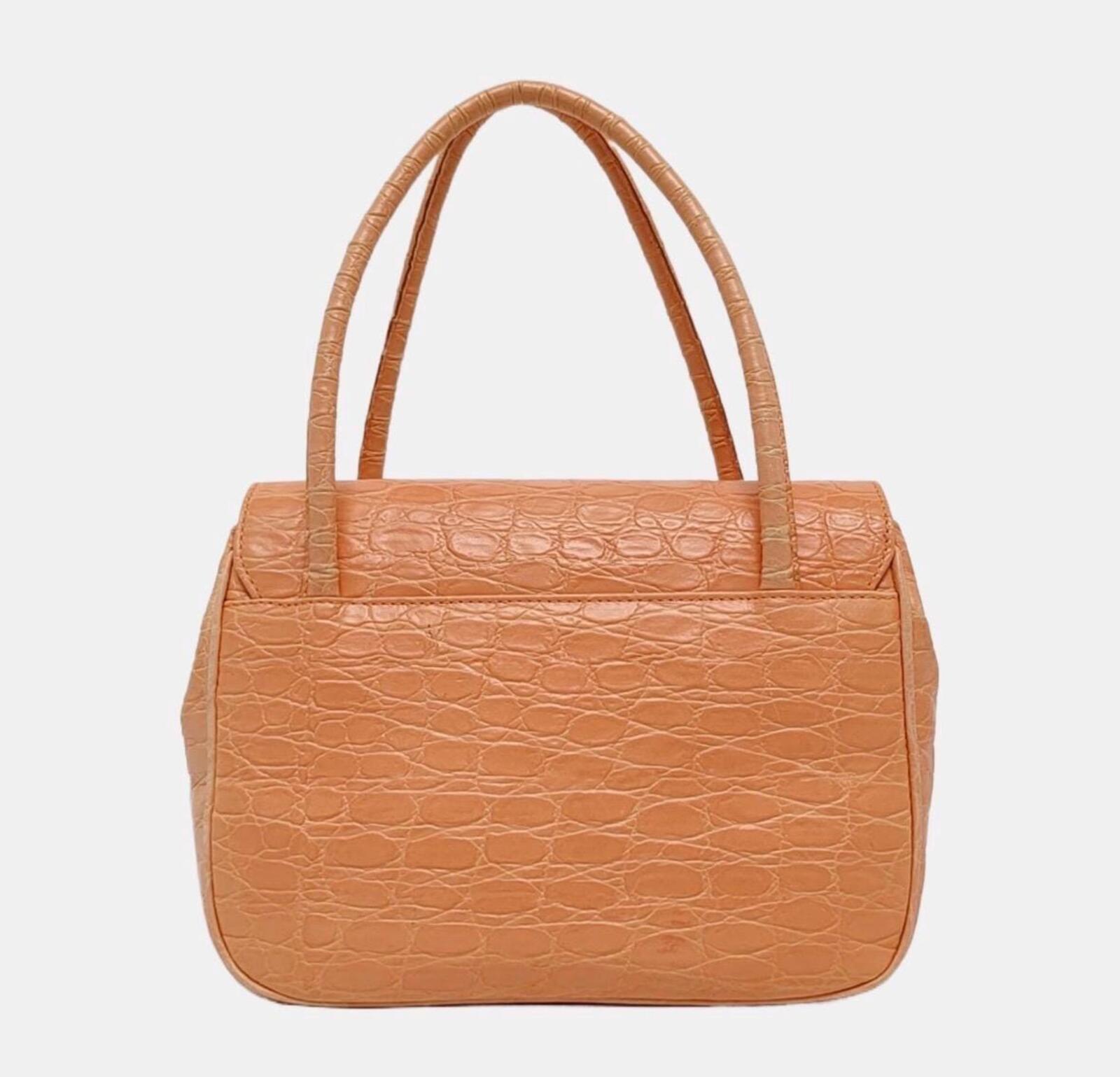 Salvatore Ferragamo Vintage Croc Embossed Leather Shoulder Bag Orange Gancini