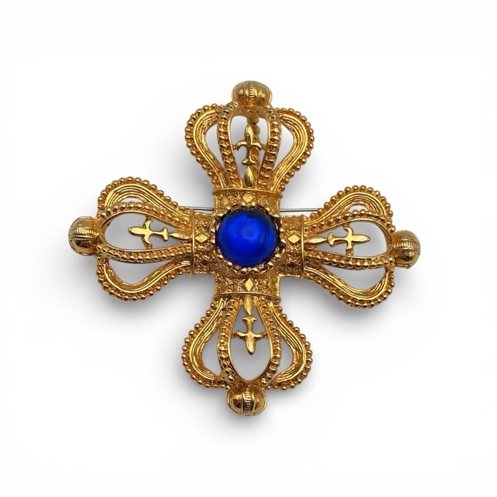 Vintage Park Lane Gold-Tone Maltese Cross Brooch With Blue Cabochon